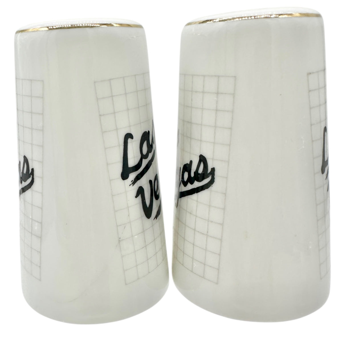 Las Vegas Souvenir Ceramic Salt and Pepper Shakers White with Gold Trim 3" Tall