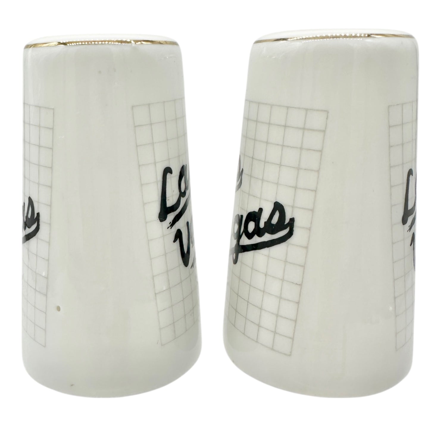 Las Vegas Souvenir Ceramic Salt and Pepper Shakers White with Gold Trim 3" Tall