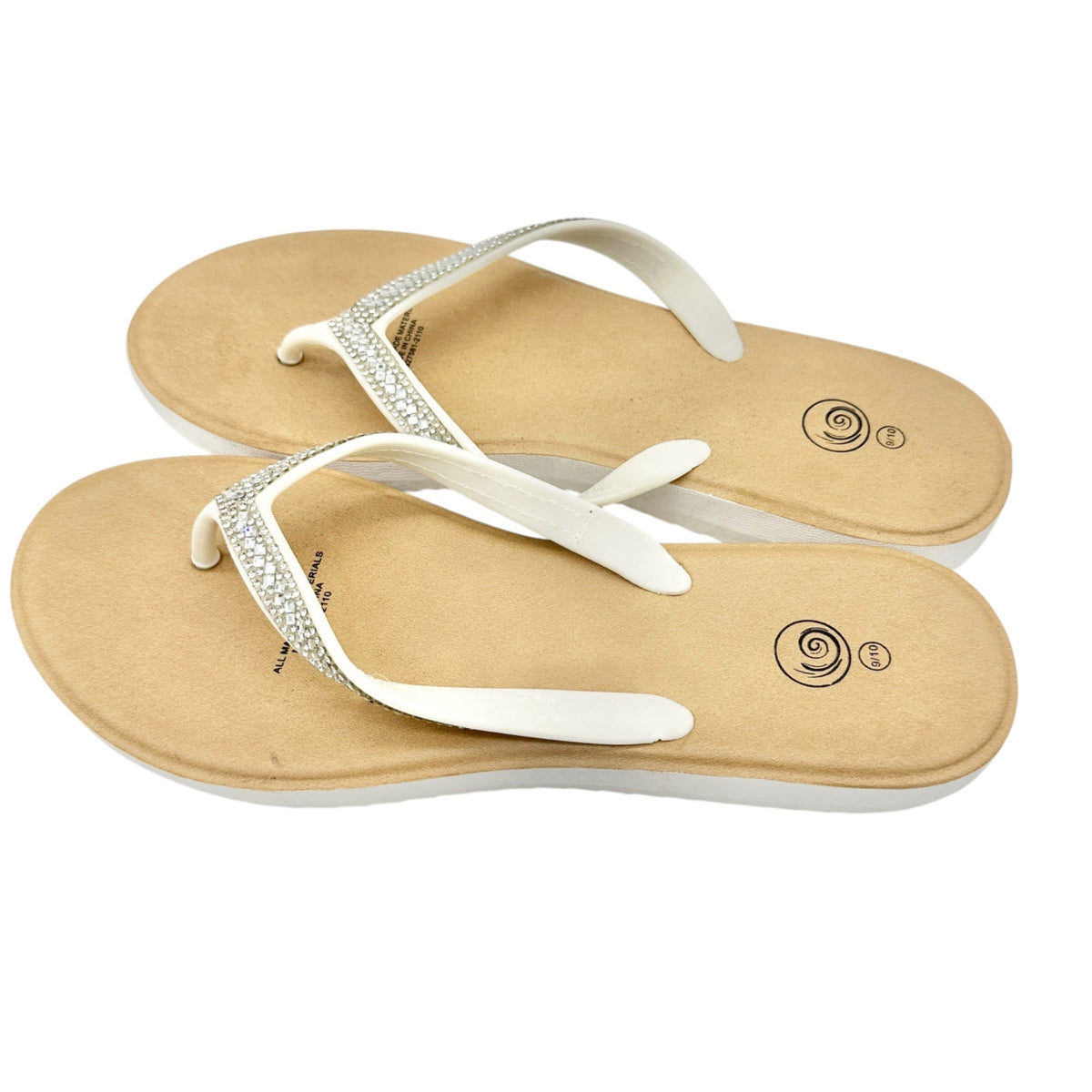White Rhinestone Flip Flops Womens Size 9/10 Faux Leather Summer Casual Sandals