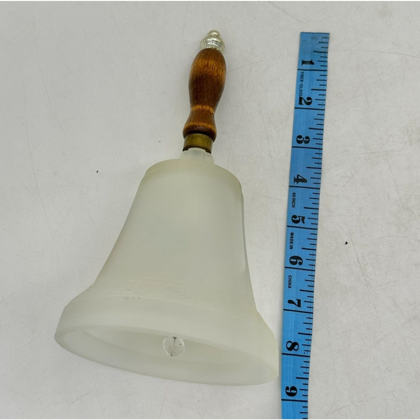 Butterfly Design Frosted Glass Bell With Wooden Handle 8.5"H Decorative Accent