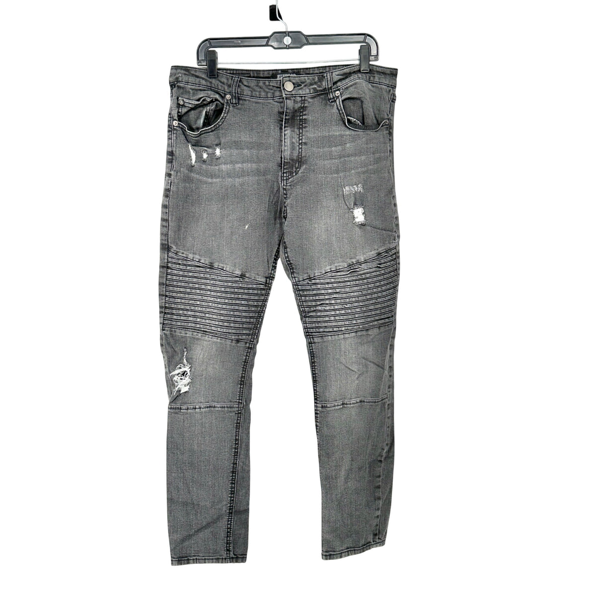 Elwood Mens Biker Jeans 36x30 With Distressed Detailing Faded Black Light Wash