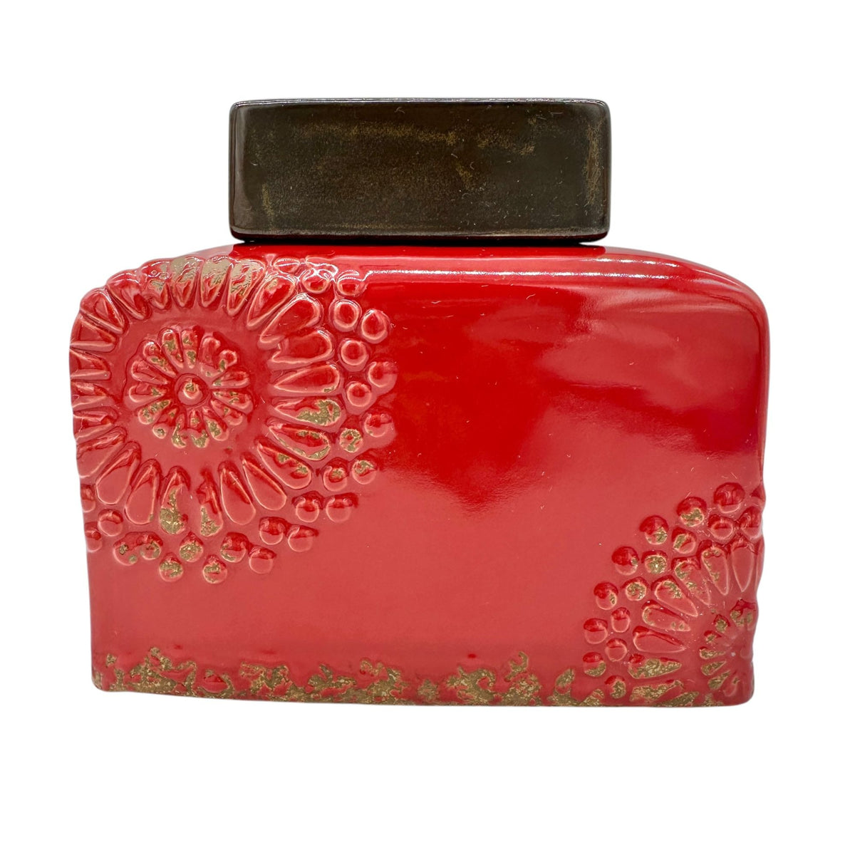 Vintage Style Bottle Rectangular Red Ceramic Embossed Floral With Metal Lid