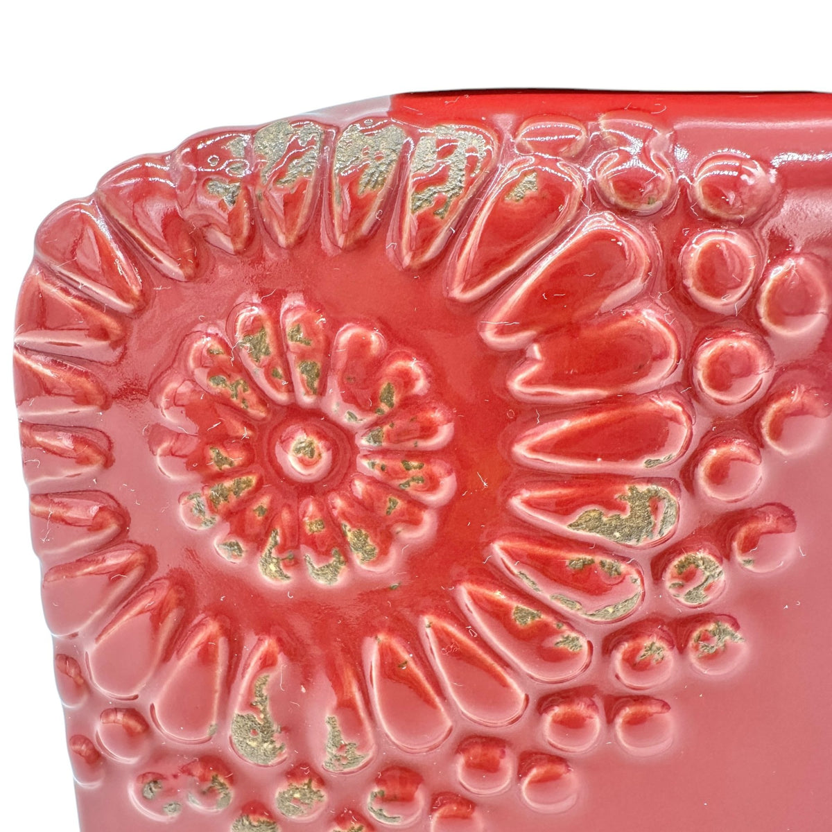 Vintage Style Bottle Rectangular Red Ceramic Embossed Floral With Metal Lid