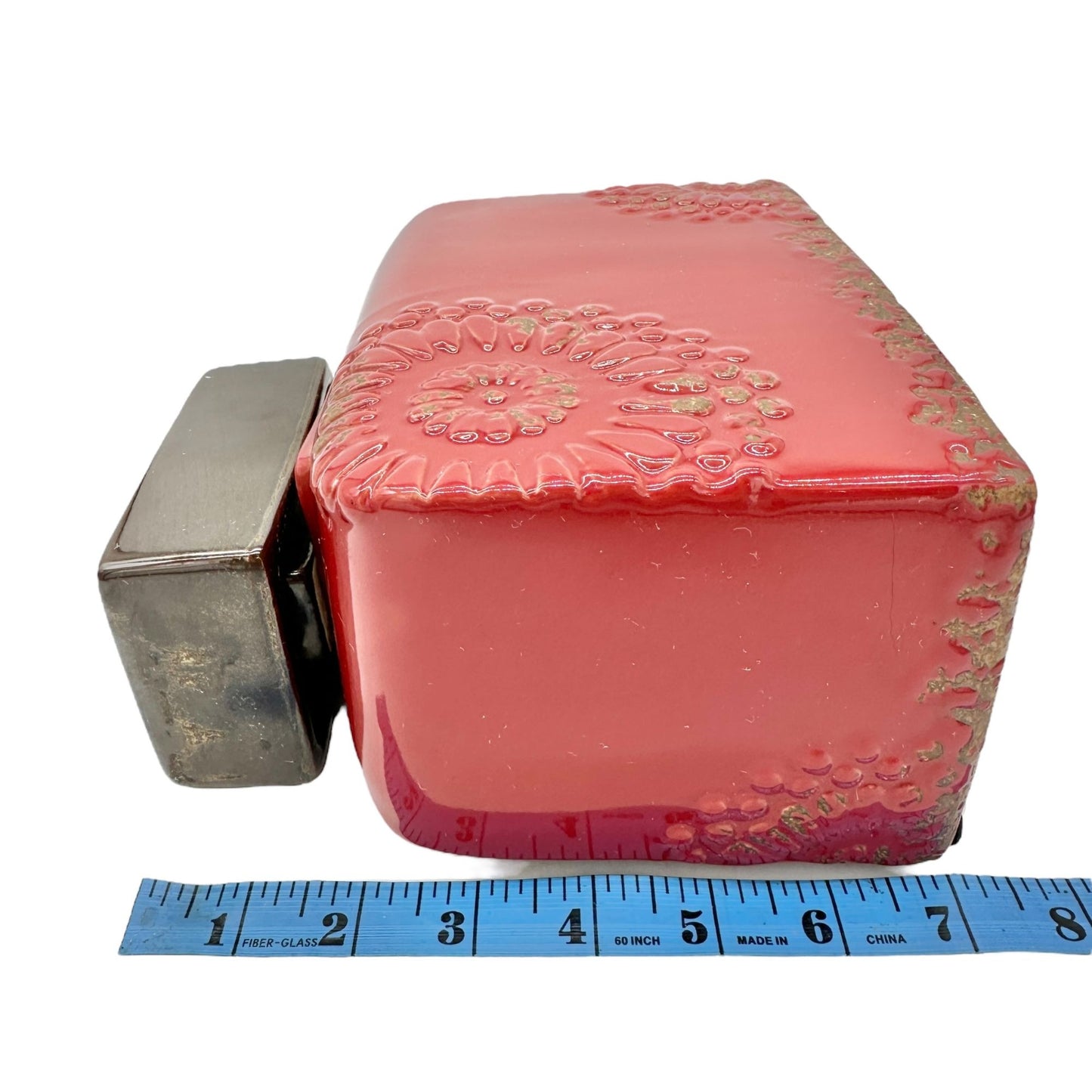 Vintage Style Bottle Rectangular Red Ceramic Embossed Floral With Metal Lid