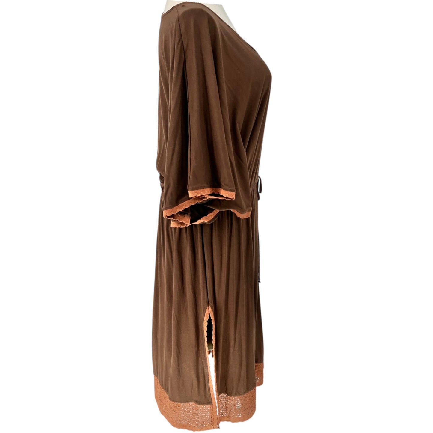 Swimsuits For All Cover-Up Dress 18/20 Brown Drawstring Waist Lace Hem Side Slit