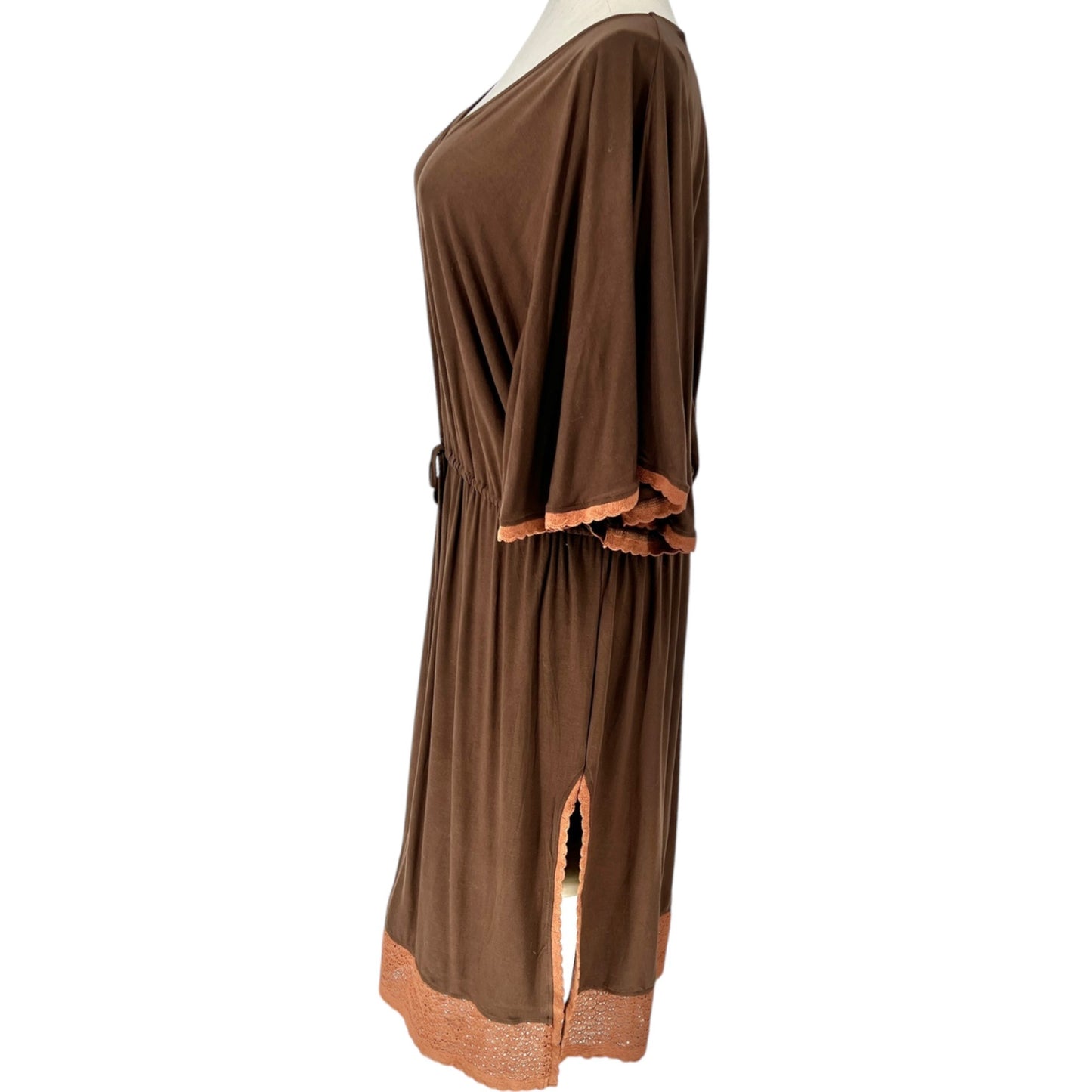 Swimsuits For All Cover-Up Dress 18/20 Brown Drawstring Waist Lace Hem Side Slit