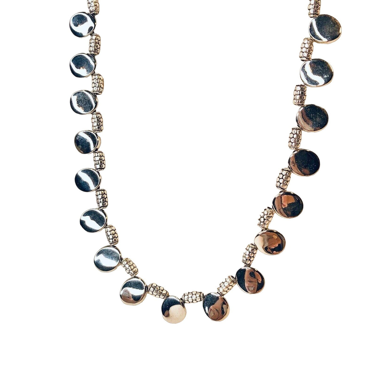 Handcrafted SilverTone Disc Beaded Necklace With Textured Accents Toggle Clasp