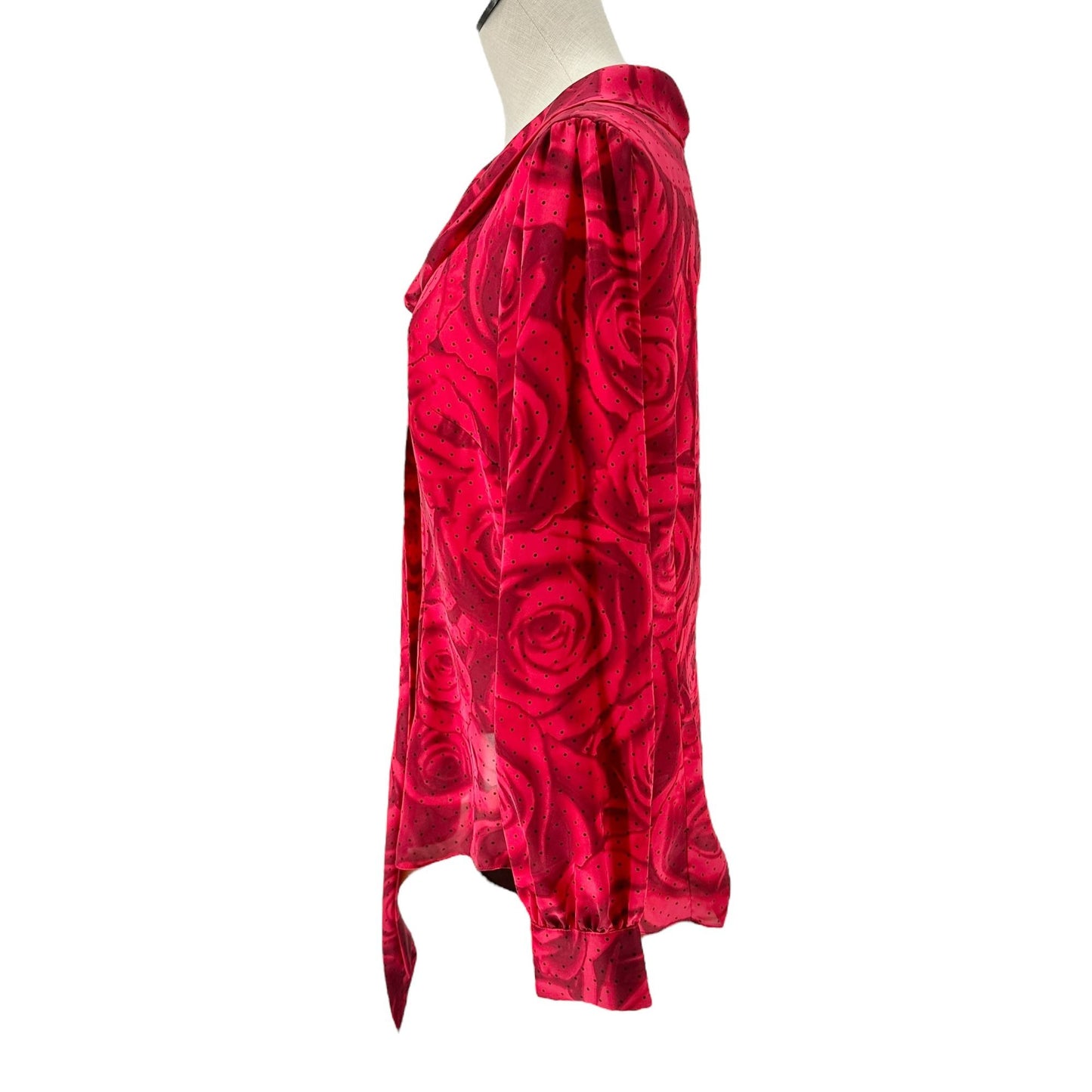 White House Black Market Blouse Womens 12 Red Rose Print Polka Dot LS Tie Front