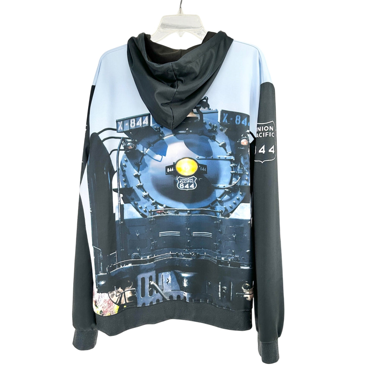 Union Pacific 844 Train Print Hoodie Sweatshirt L Polyester Spandex Black Blue