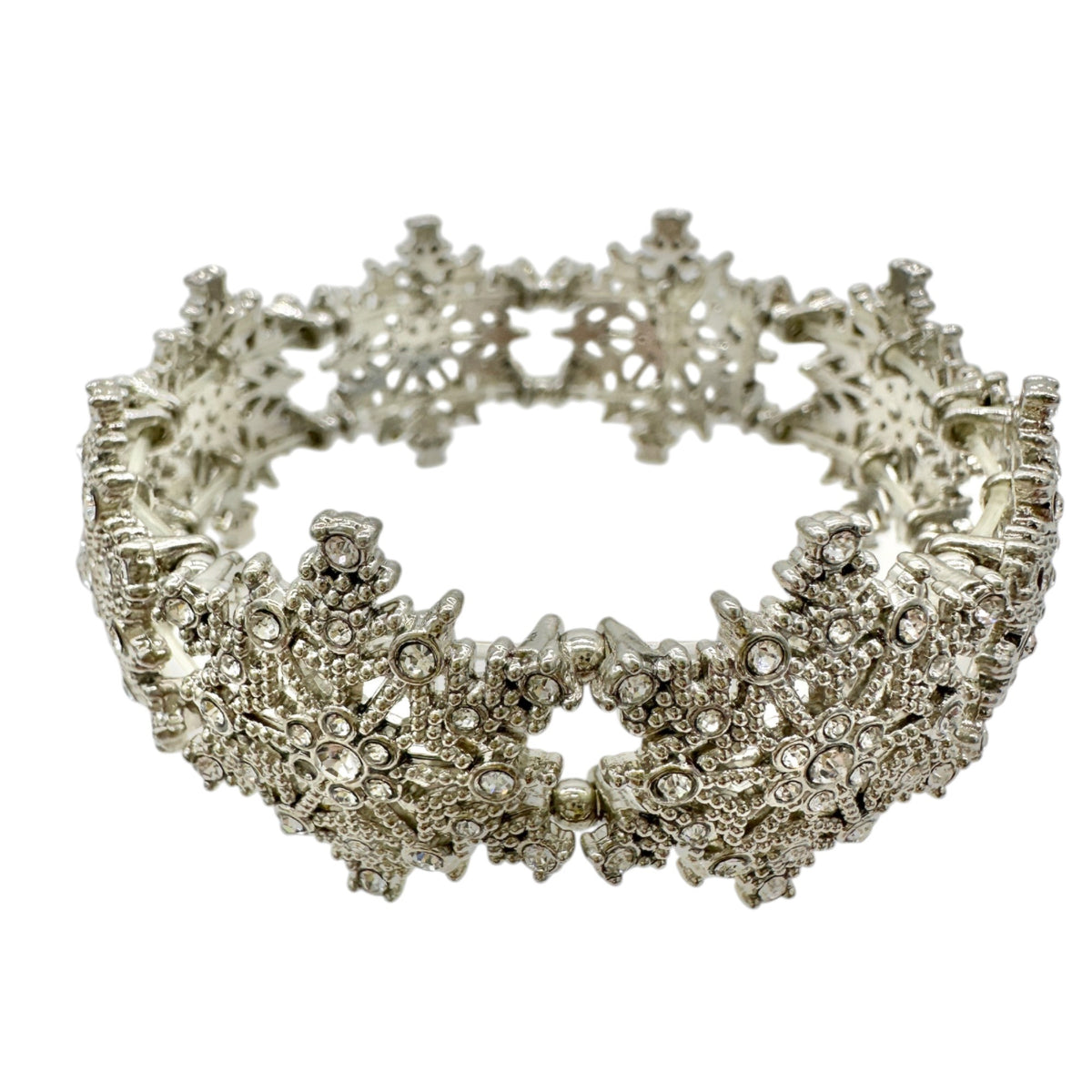 Vintage Inspired Silver Tone Snowflake Stretch Bracelet With Rhinestone Accents