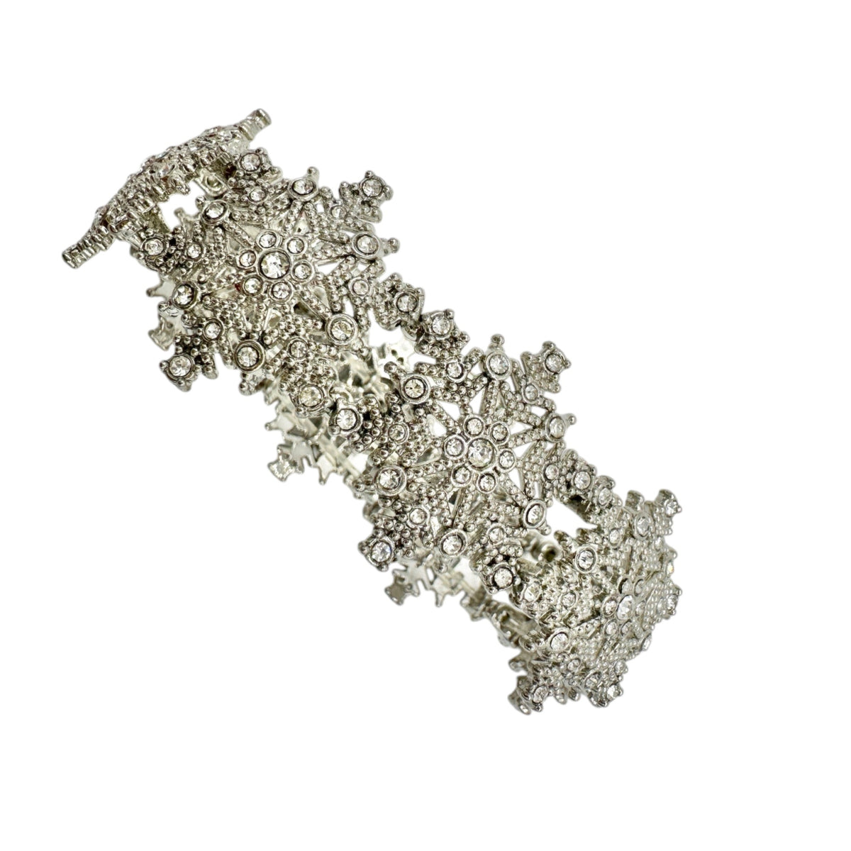 Vintage Inspired Silver Tone Snowflake Stretch Bracelet With Rhinestone Accents