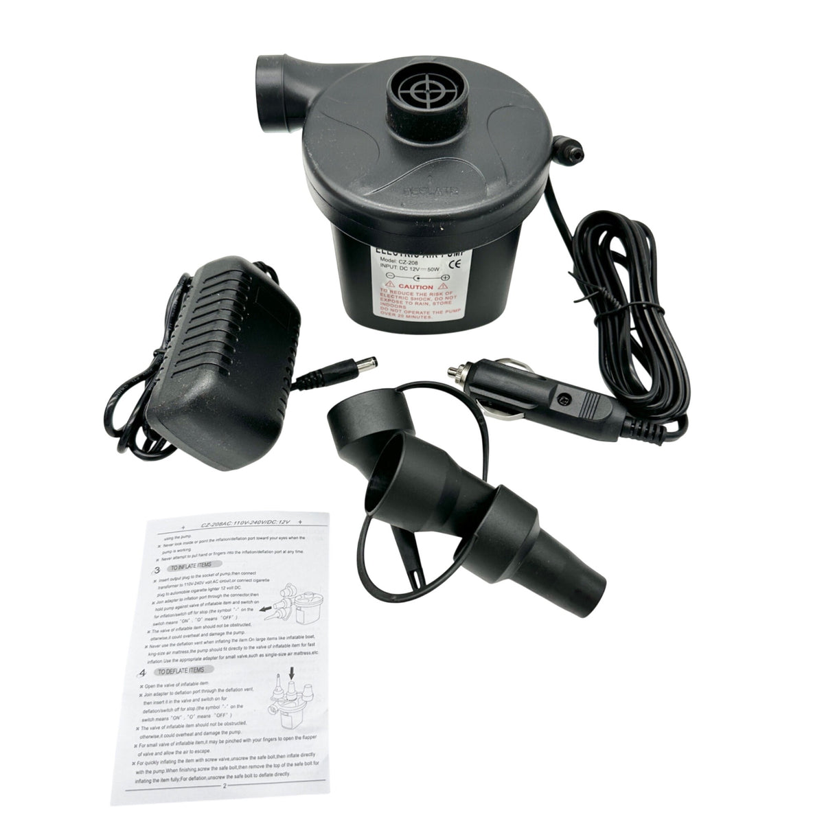 2 Way Electric Air Pump Inflator/Deflator CZ-208 3 Nozzles Adapters Lightweight