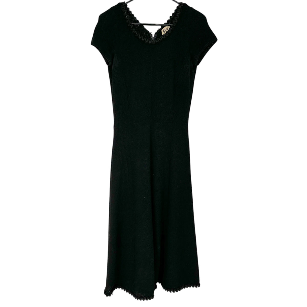 Vintage Black Knit Dress By Elyse NY Scalloped Hem Loop Trim SS Womens Sz Small
