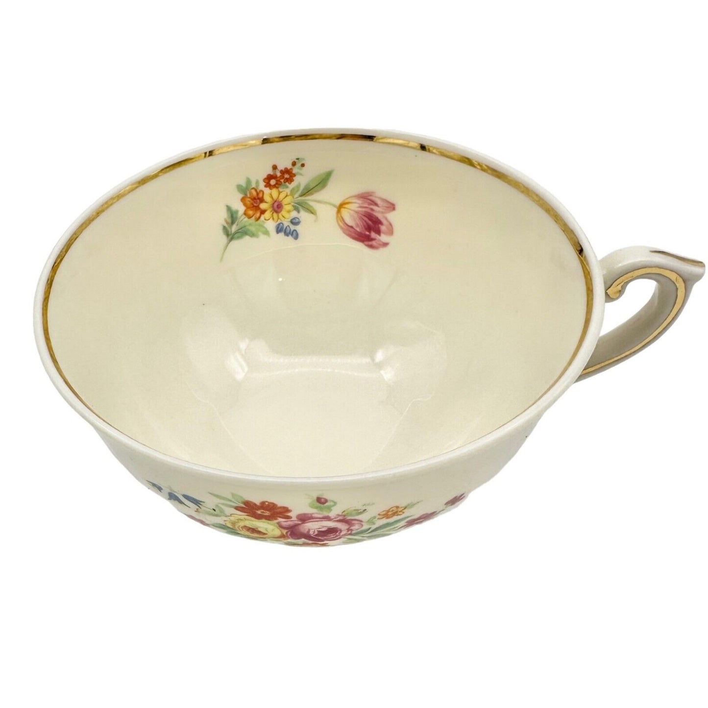 Federal Shape Syracuse China Cup and Saucer 6 inch Cream Flowers Gold Trim