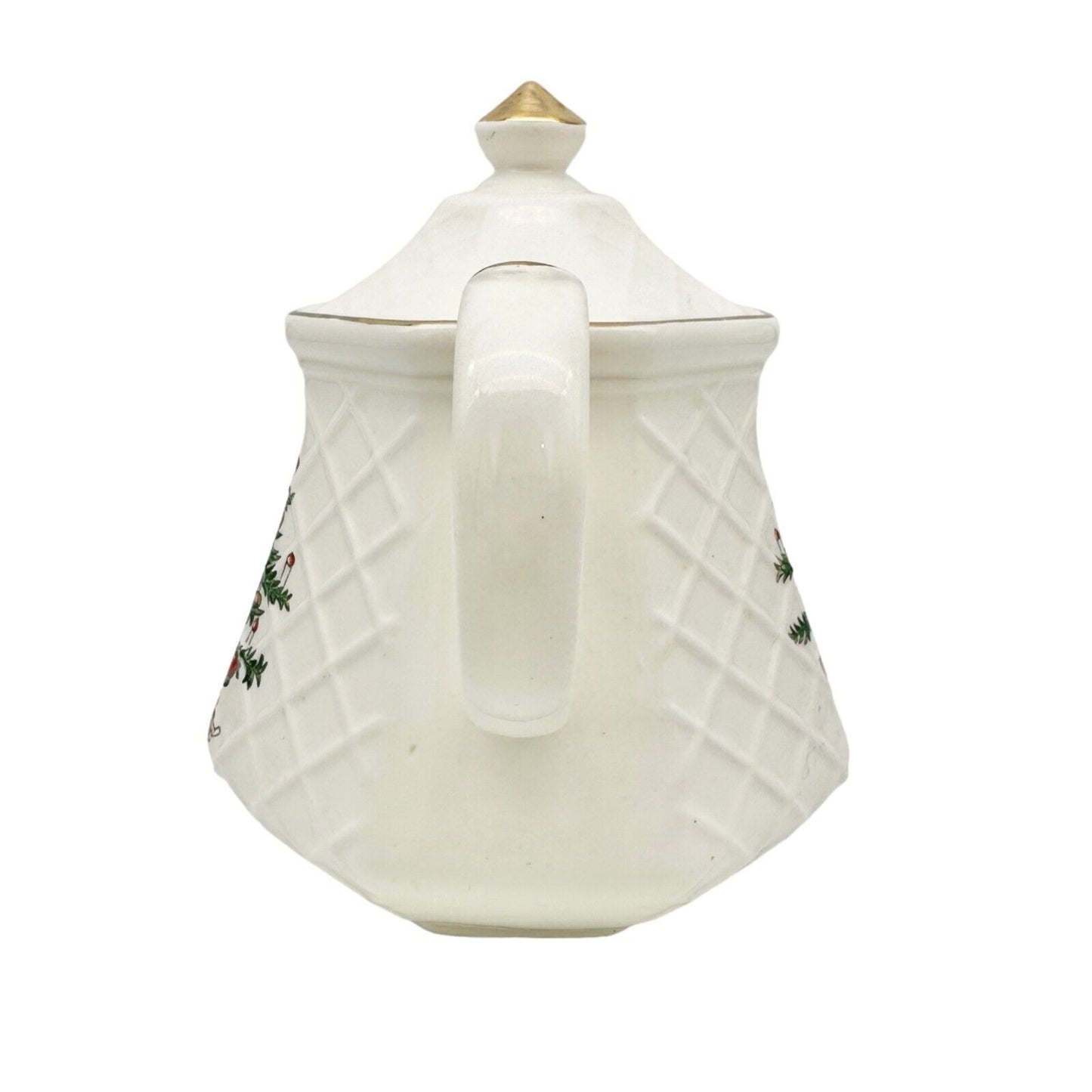 Christmas Tea Pot 6 inch Cream Gold Trim Tree Presents (small chip on spout)