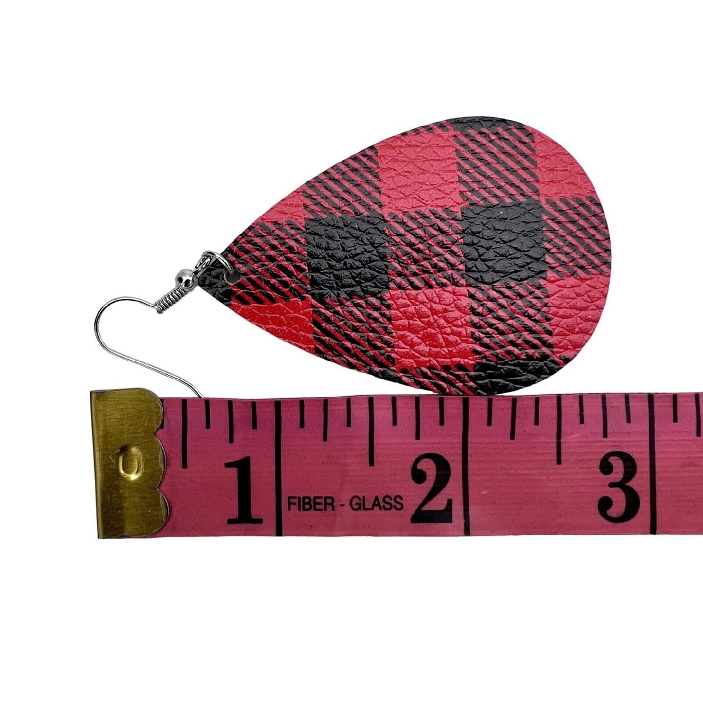 Earrings Pierced Drop Teardrop Red Black Buffalo Plaid Faux Leather NEW