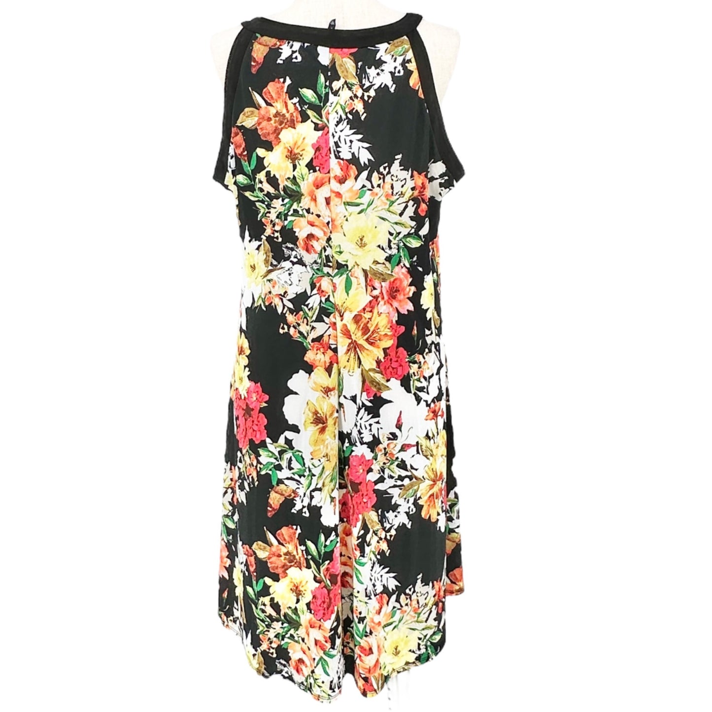 New Directions Dress Womens 1X Black Orange Yellow Flowers Sleeveless Midi EUC