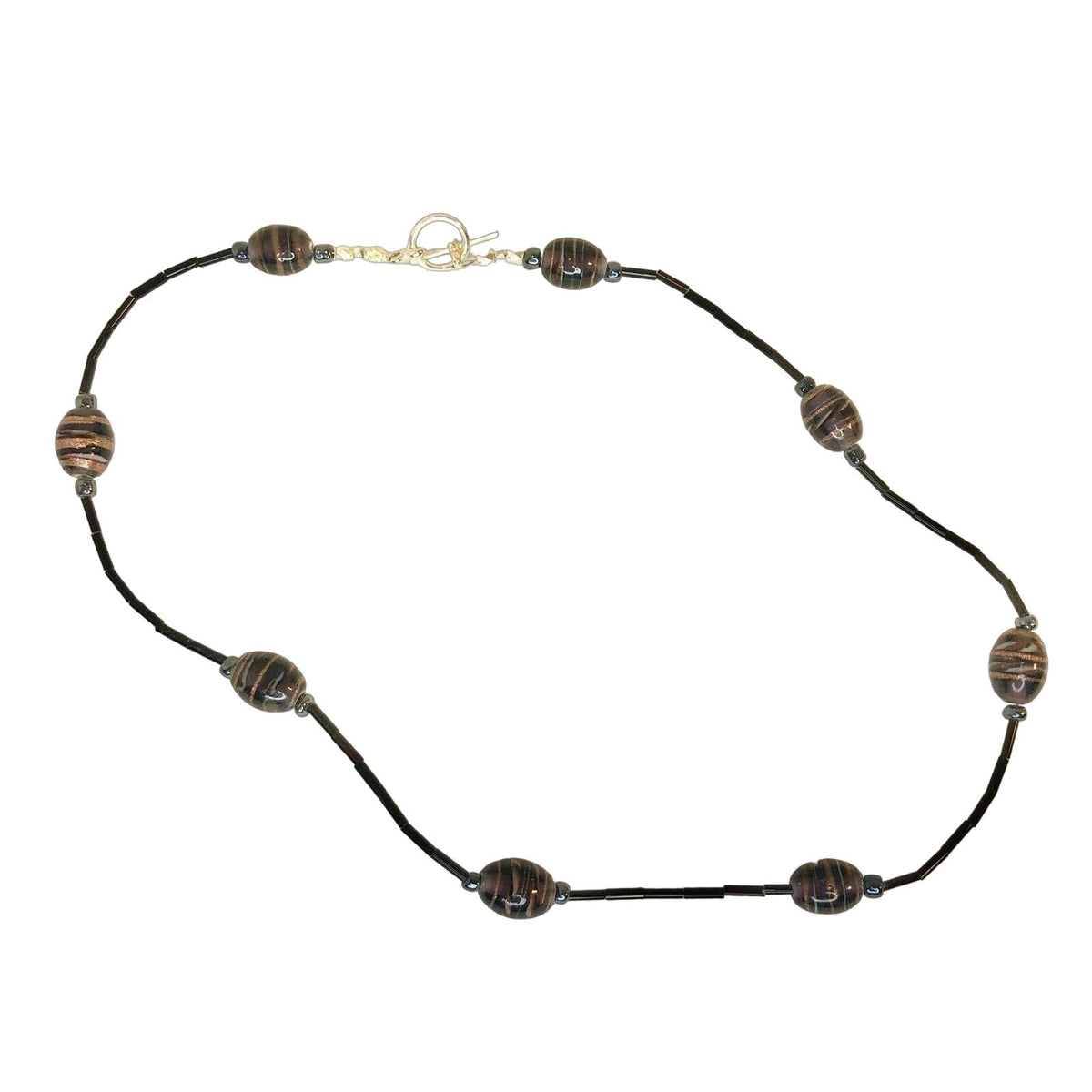 Handcrafted Beaded Necklace Black, Purple & Gold Glass Beads Simply Elegant NEW