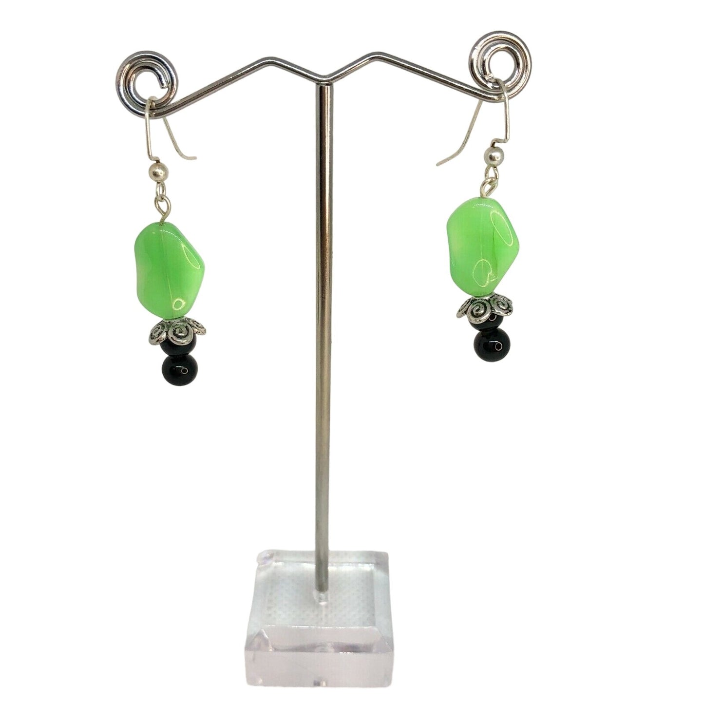 Handcrafted Green And Black Beaded Dangle Earrings With Silver-Tone Accents