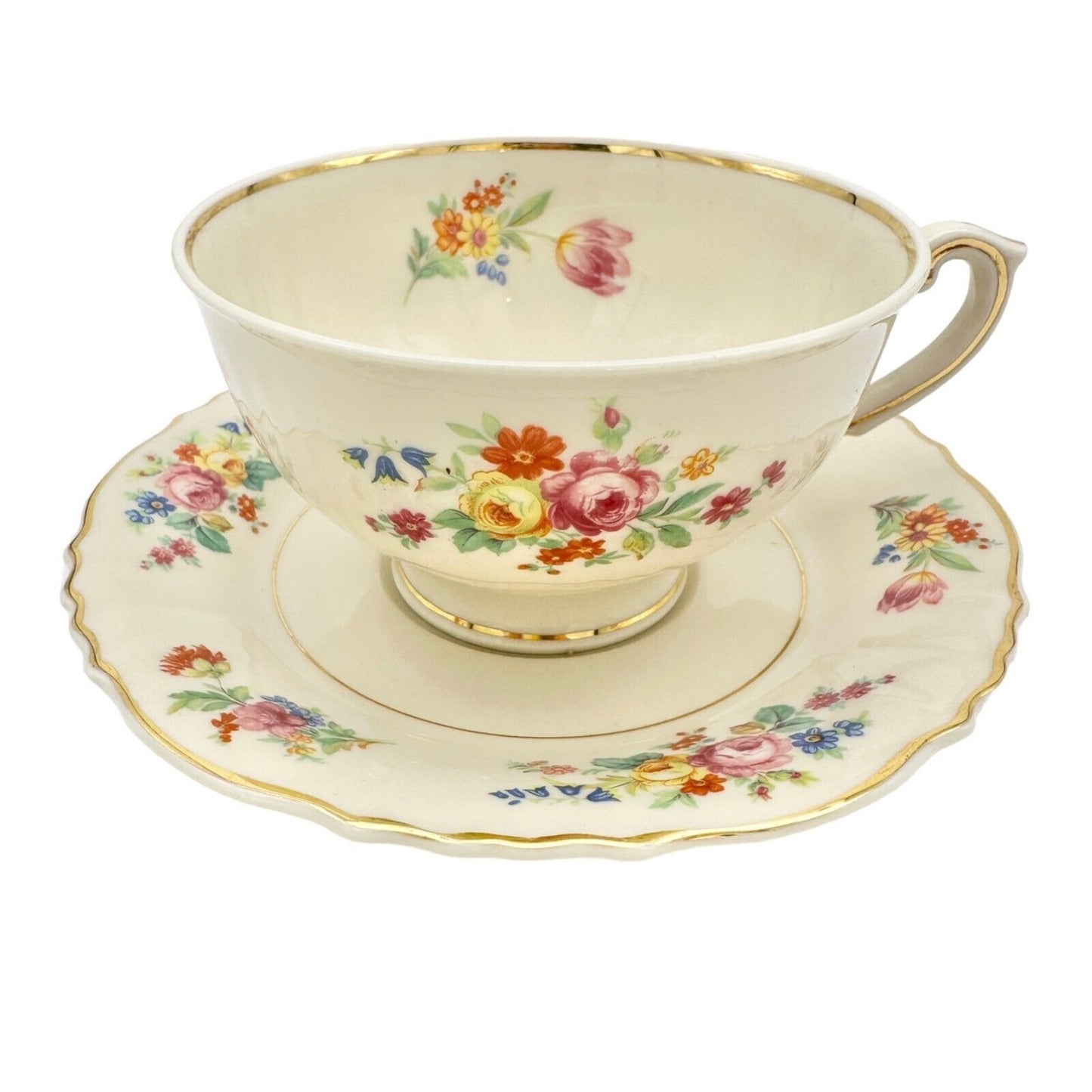 Federal Shape Syracuse China Cup and Saucer 6 inch Cream Flowers Gold Trim