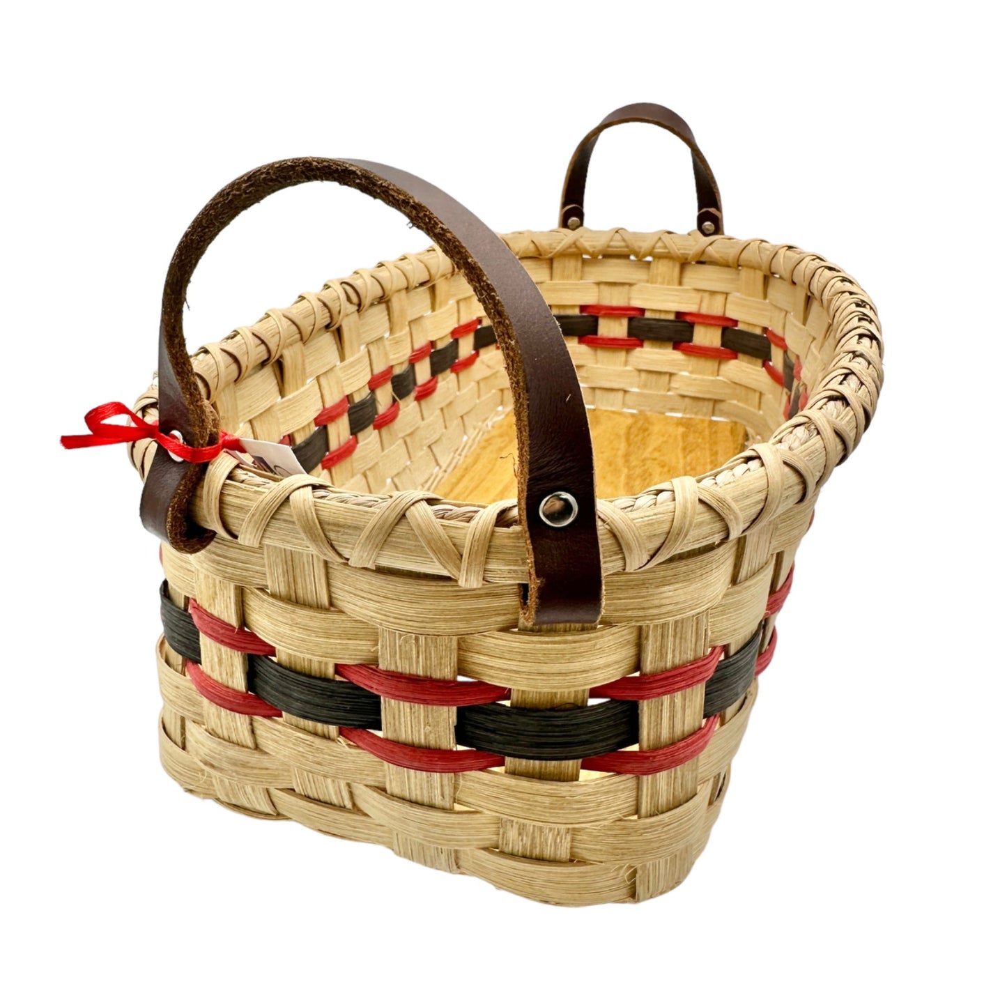 Handmade Basket Bread Basket Red and Green Accent Leather Handles Wood Base