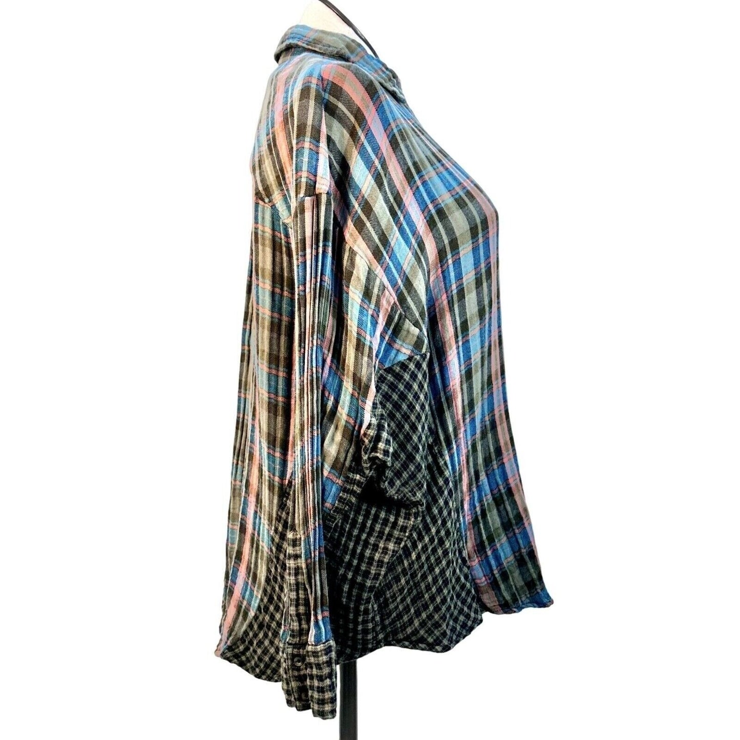 Free People Oversized Plaid Button-Down Shirt With Multi-Pattern Design & Pocket