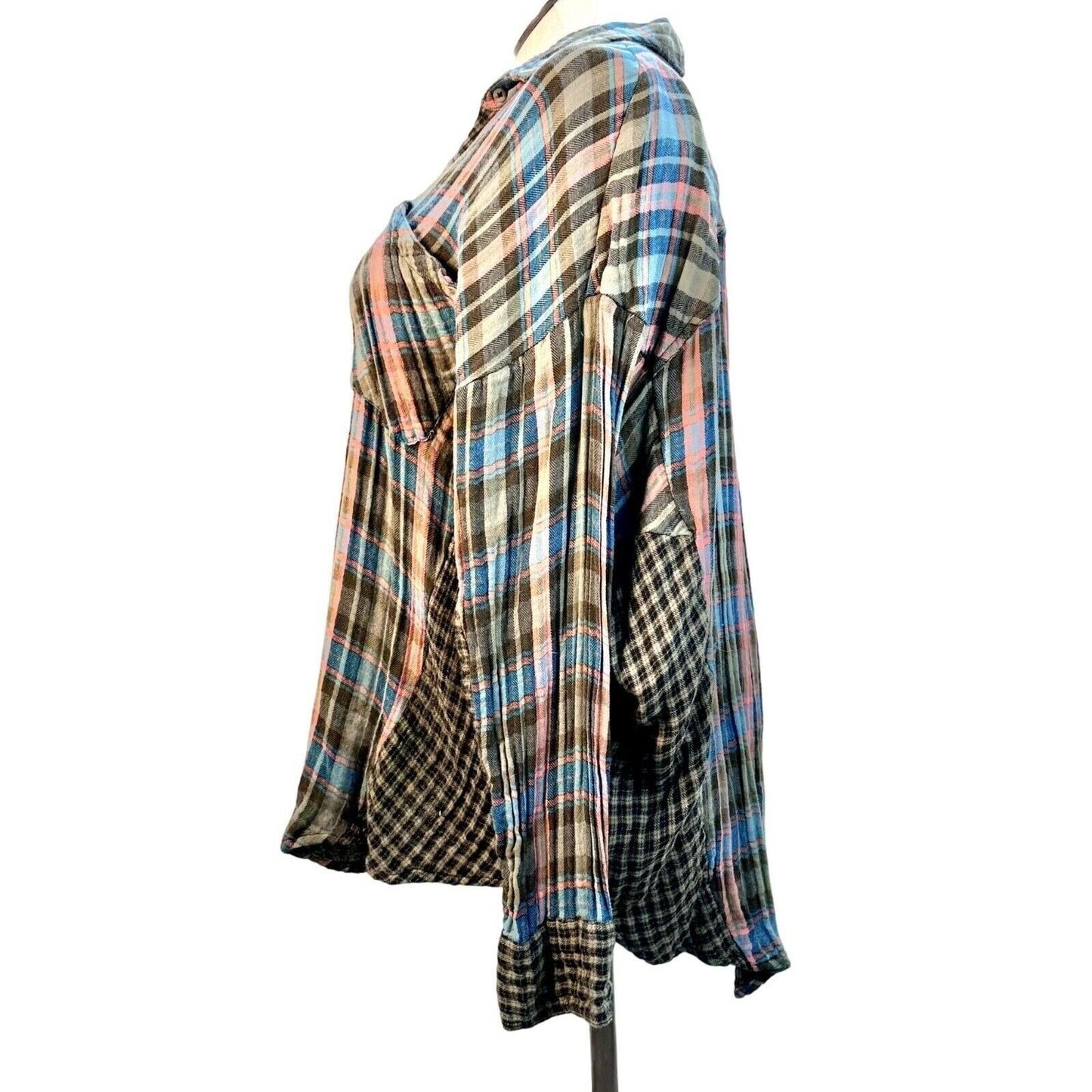 Free People Oversized Plaid Button-Down Shirt With Multi-Pattern Design & Pocket