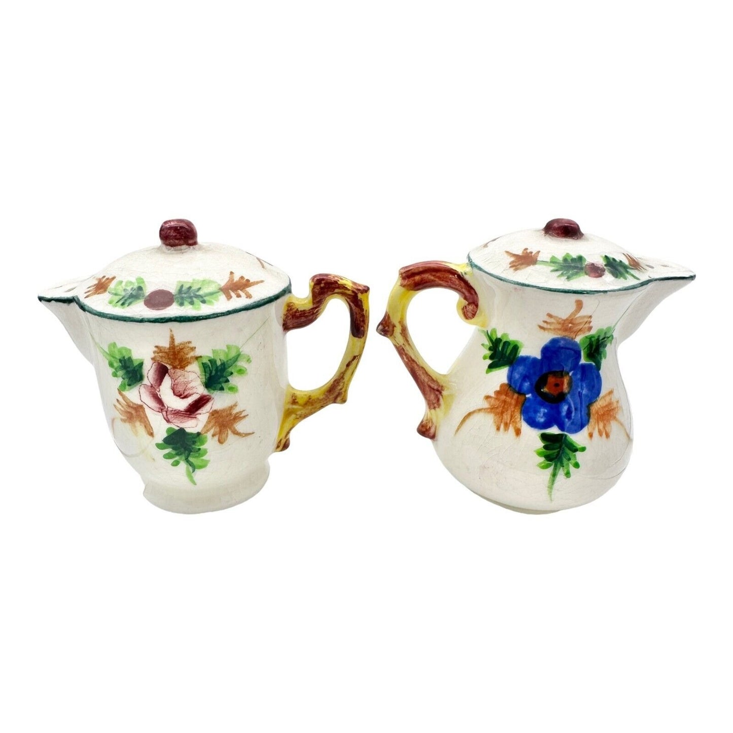 Vintage Salt & Pepper Glazed Ceramic Floral Pitchers Vintage Japan Cork Plugs