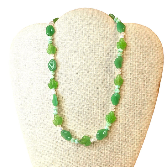 Handcrafted Beaded Necklace Green Beads with Leaves Spring White Jewelry NEW