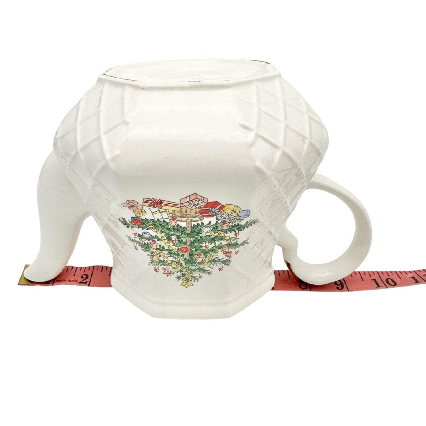 Christmas Tea Pot 6 inch Cream Gold Trim Tree Presents (small chip on spout)