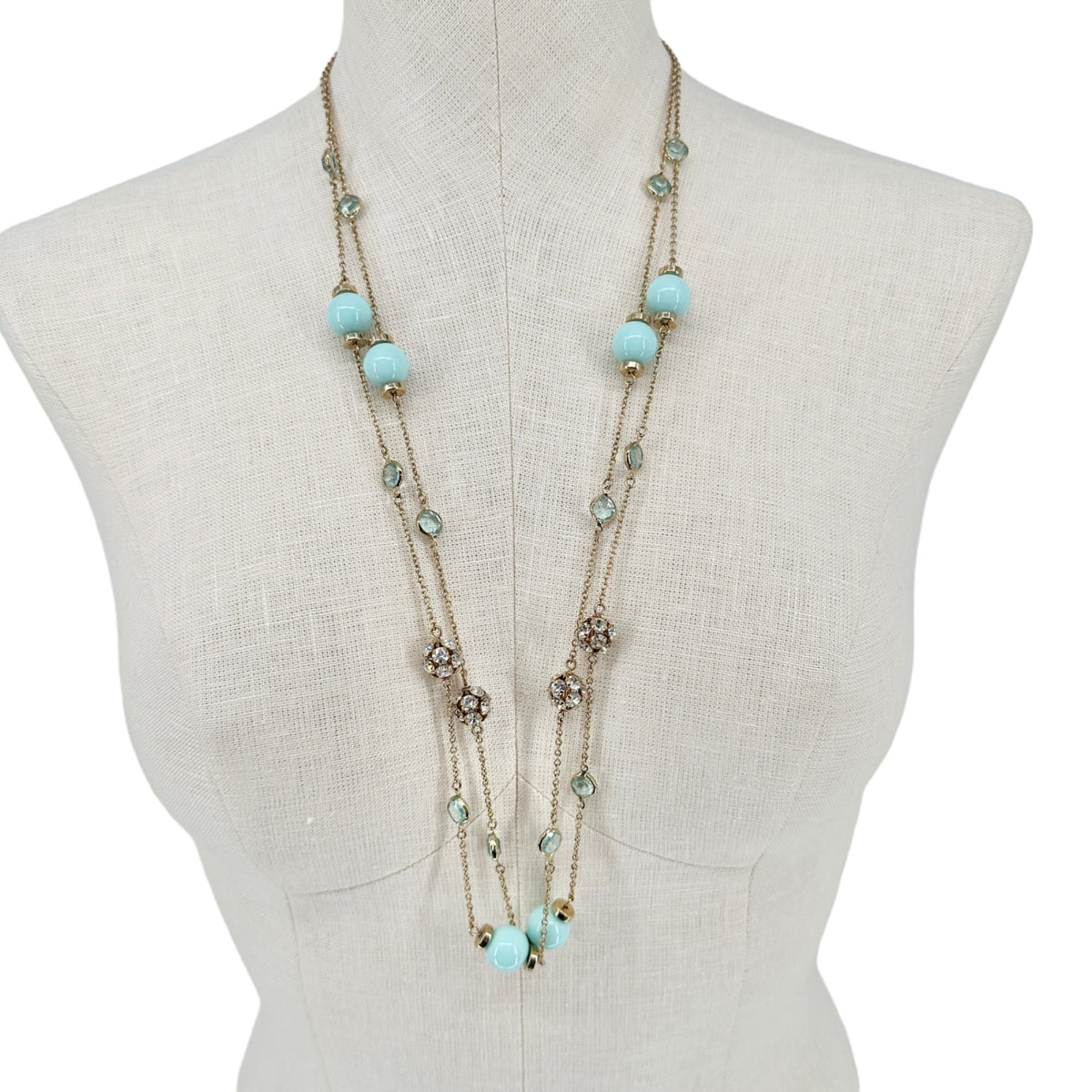 Pair of J. Crew Necklaces Identical Goldtone Chain Light Blue Beads and Gems