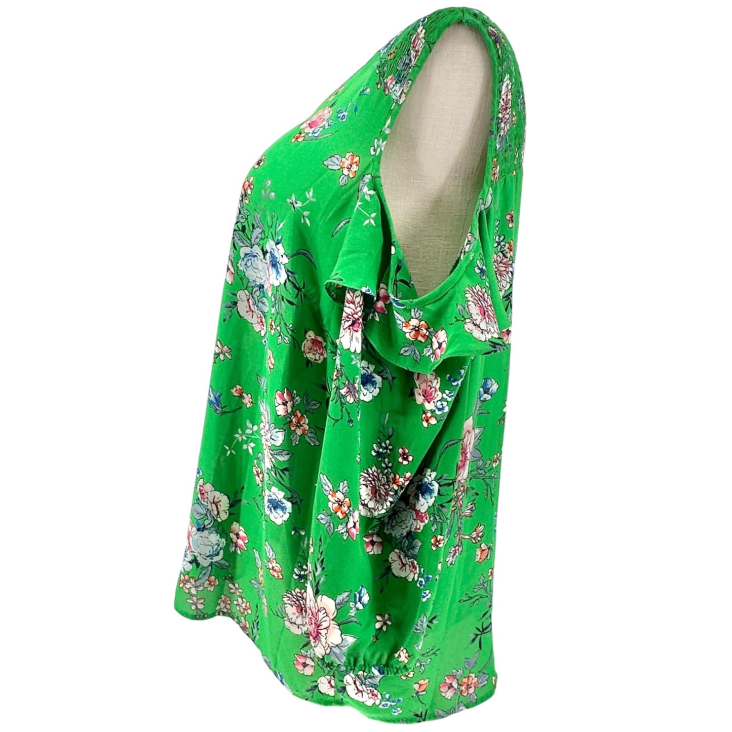 Womens 2X Cold Shoulder Blouse Green Floral Polyester Long Sleeves by Roz & Ali