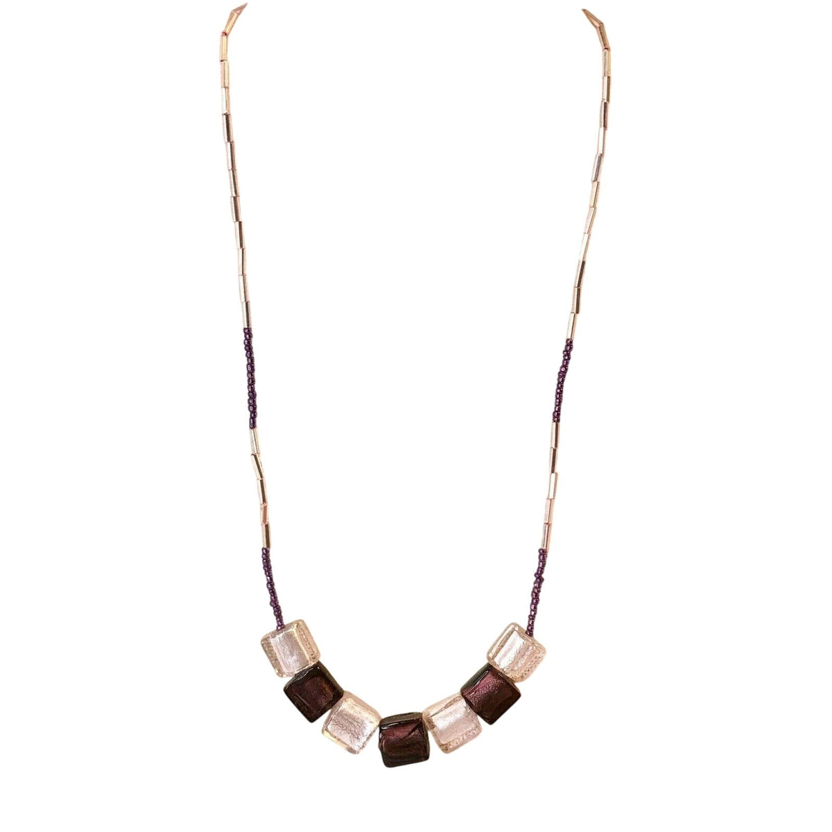 Handcrafted Glass Bead Necklace W Toggle Clasp Purple Hues Design