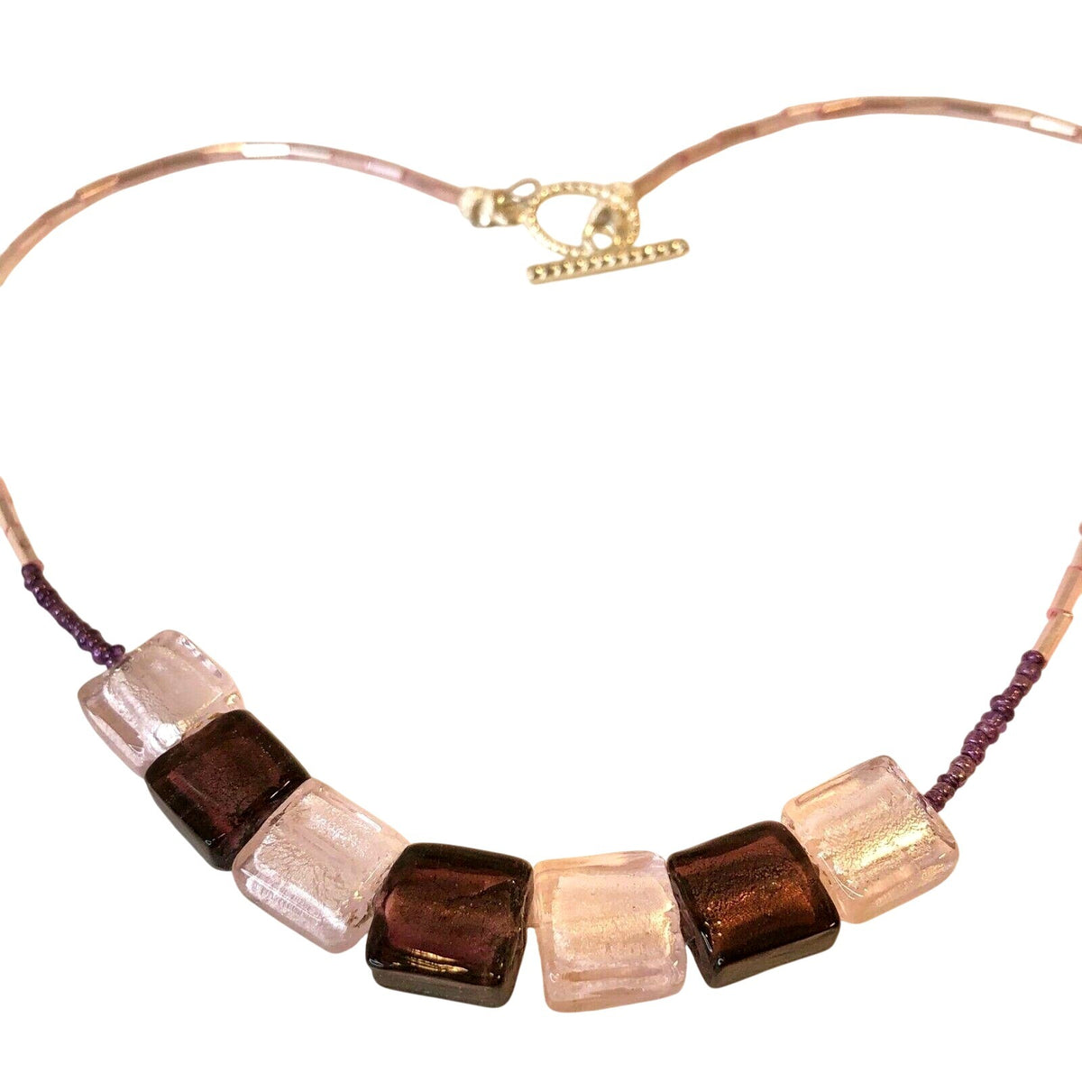 Handcrafted Glass Bead Necklace W Toggle Clasp Purple Hues Design