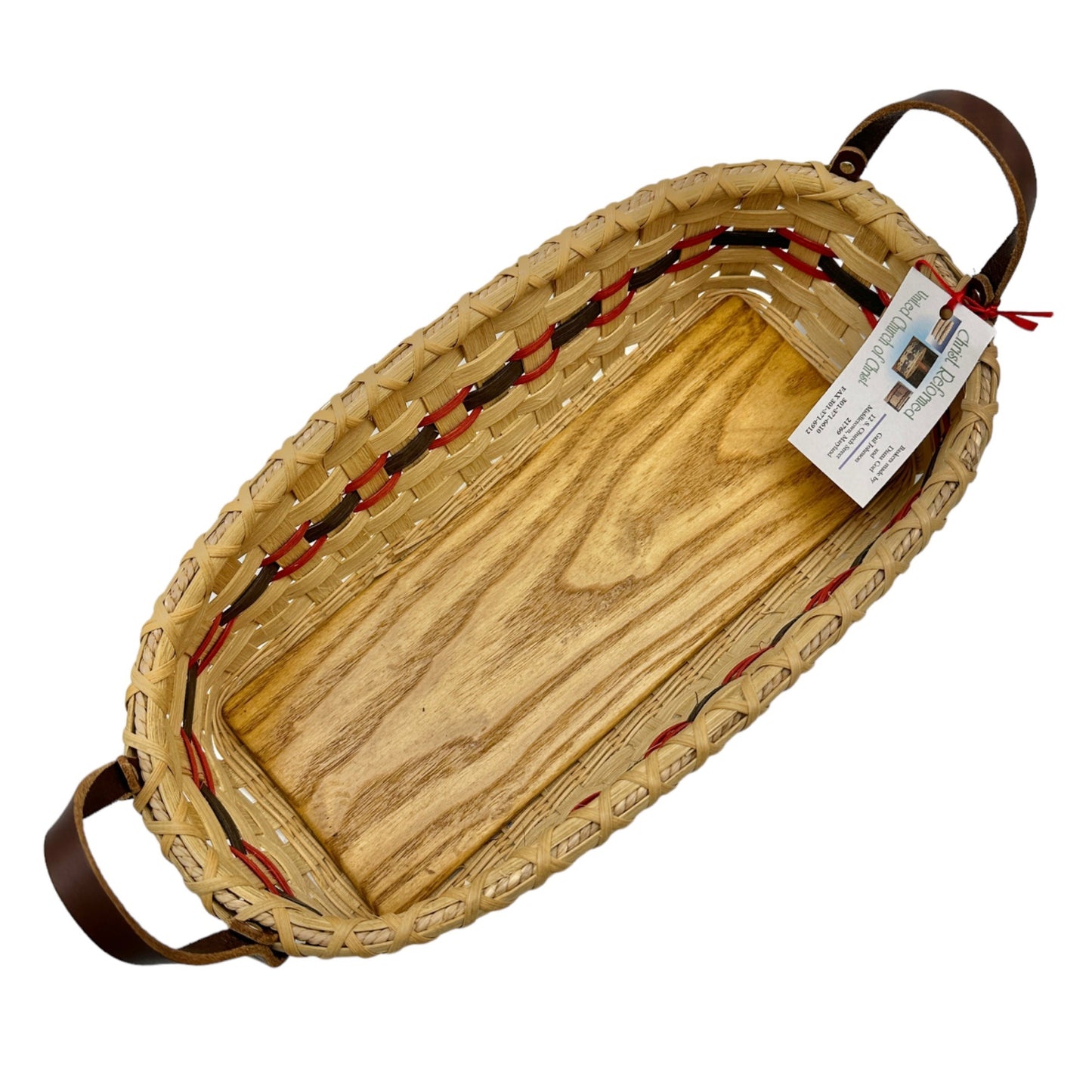 Handmade Basket Bread Basket Red and Green Accent Leather Handles Wood Base