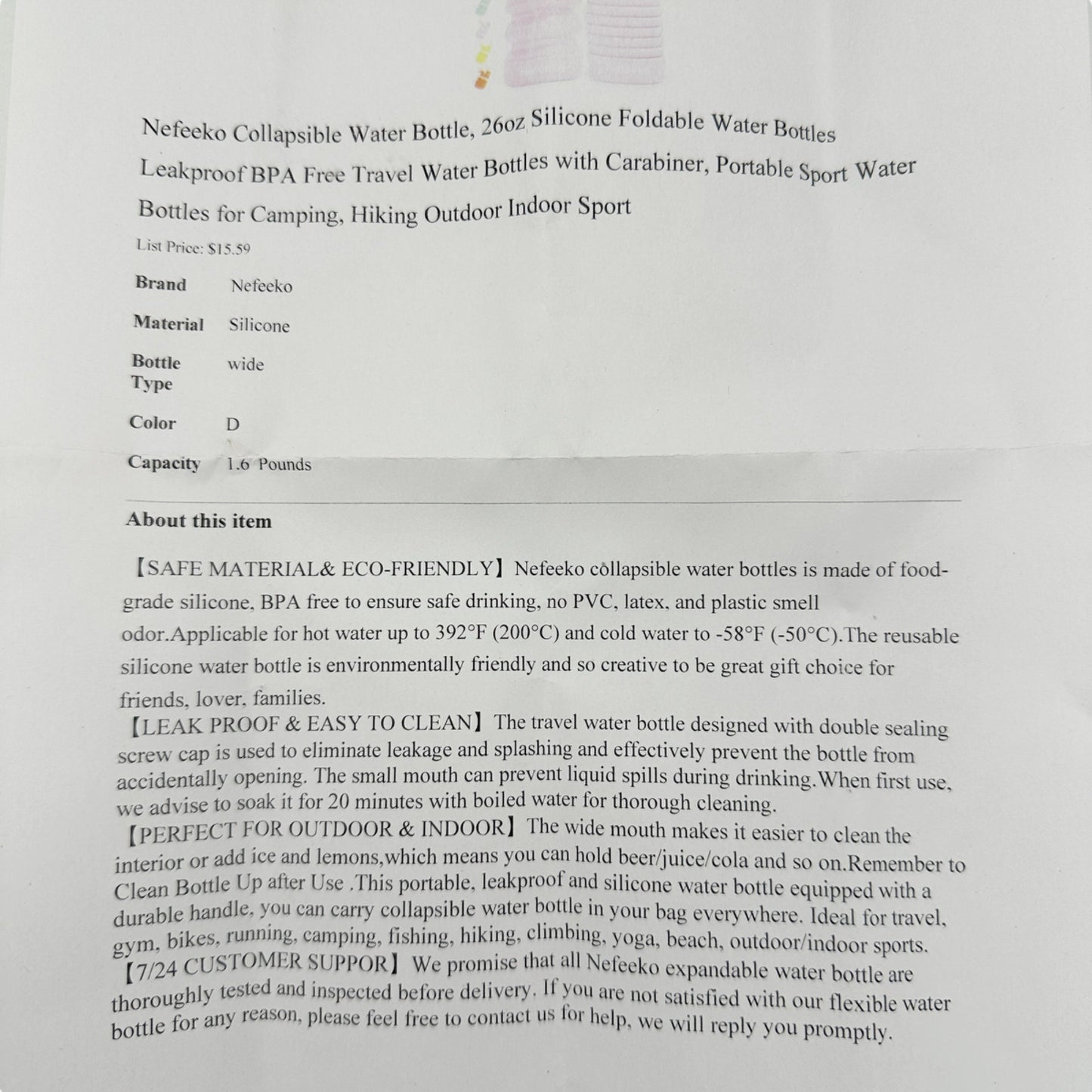 Nefeeko Collapsible Water Bottle 26oz Pink Green Silicone Travel Leakproof NIB