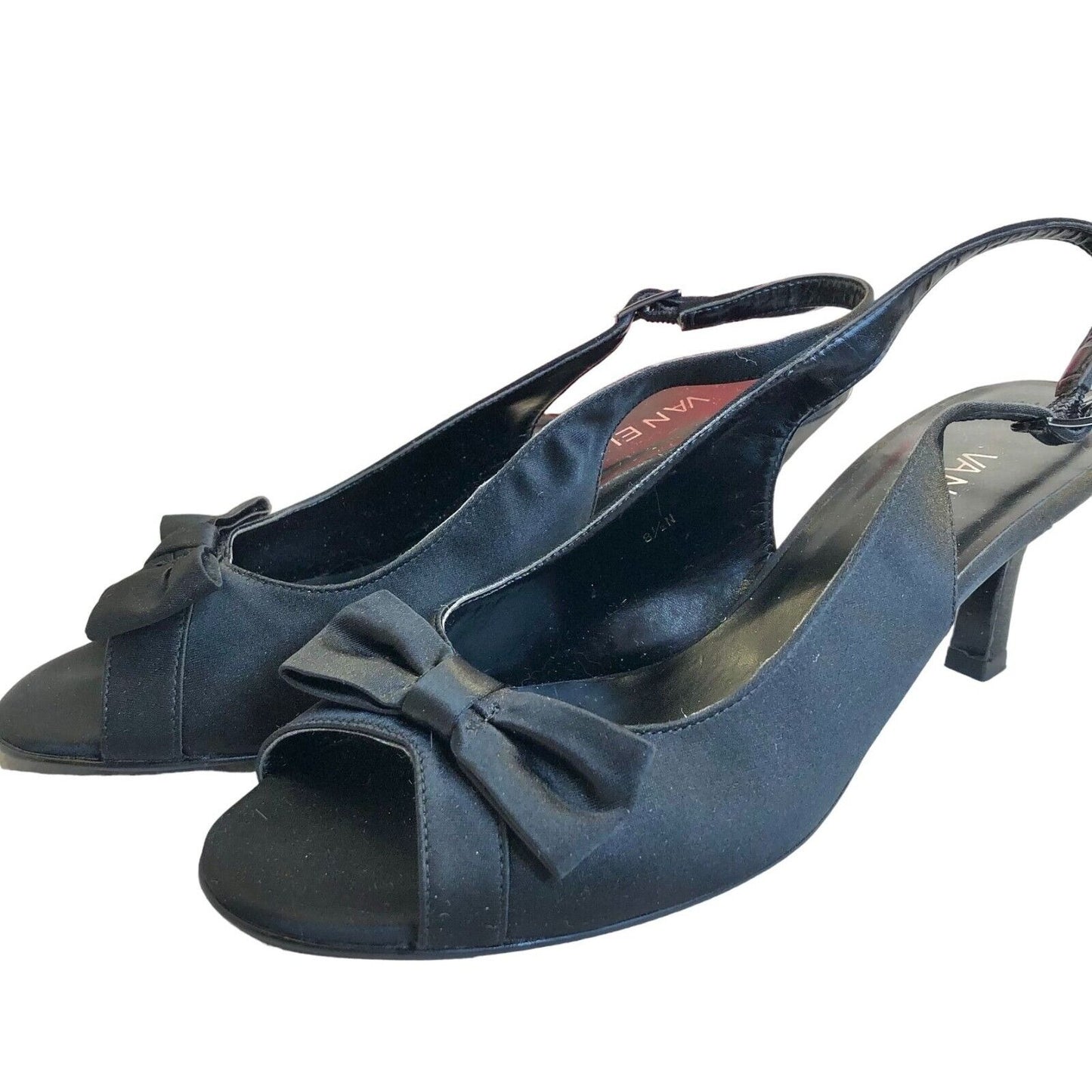 Van Eli Lorilyn Black Satin Womens 8.5 N Slingback Pumps Open Toe Bow Accent