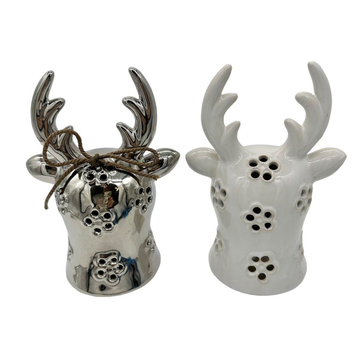 Set of 2 Reindeer Heads 1 Silver 1 White Ceramic 6in Tall x 3in Wide