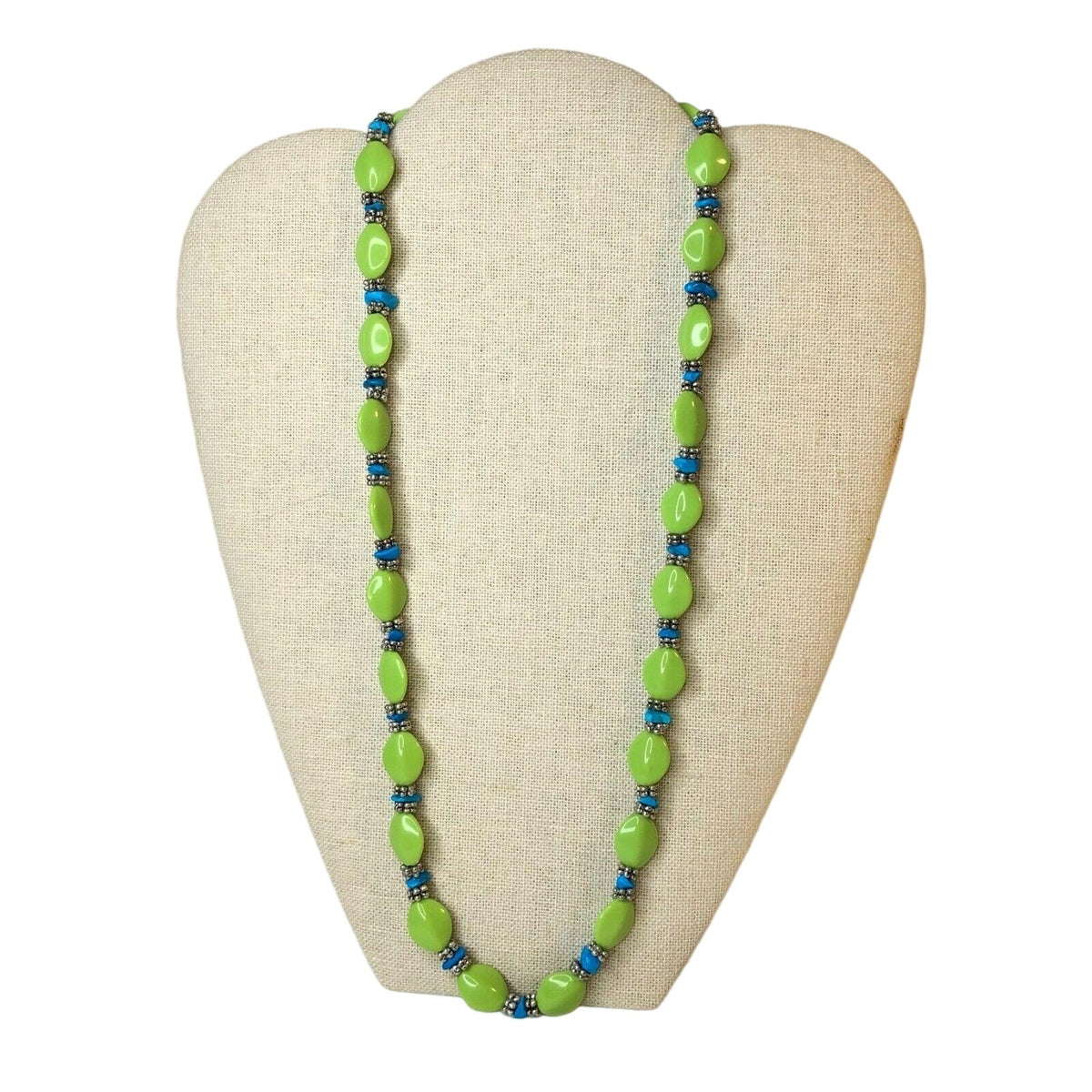 Handcrafted Lime Green & Blue Beaded Necklace With Toggle Clasp
