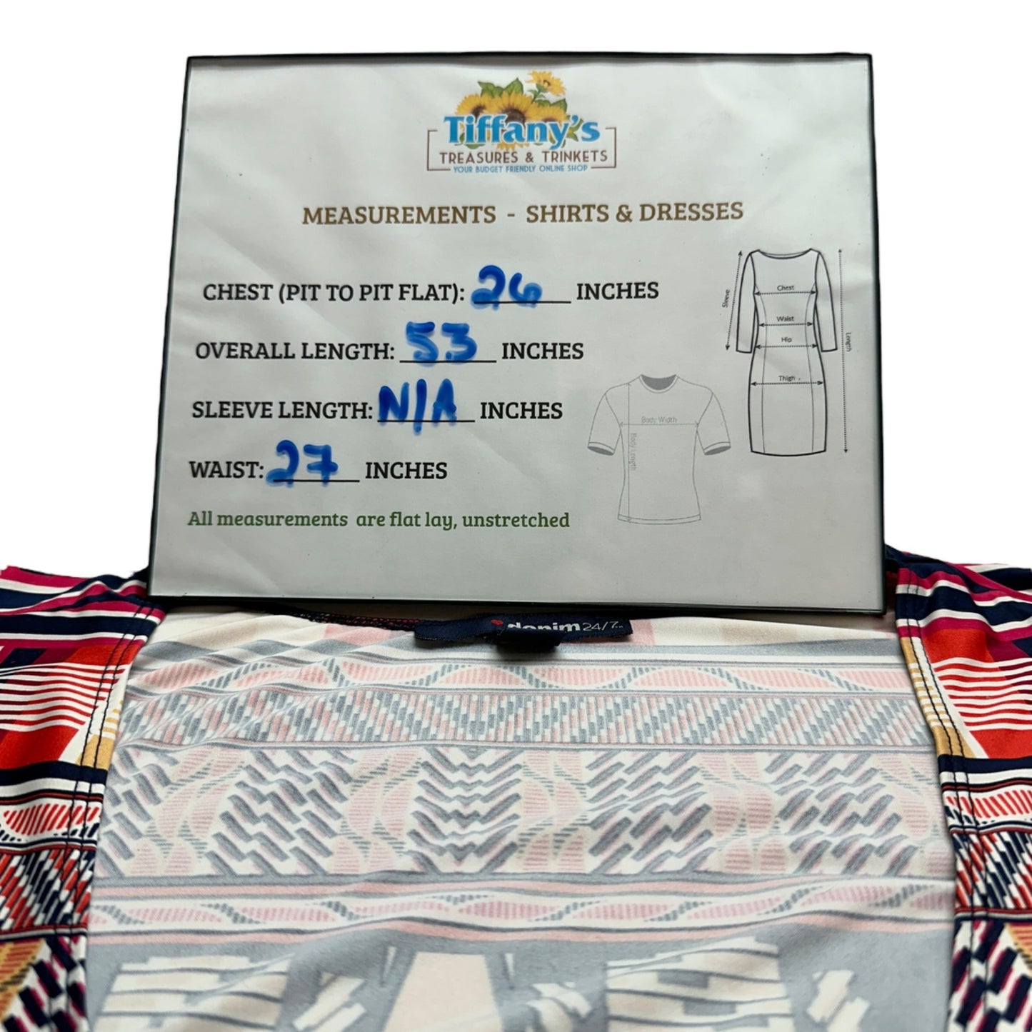 Denim 24/7 Maxi Dress Womens 3X Sleeveless Navy w/ Multicolor Geometric Pattern