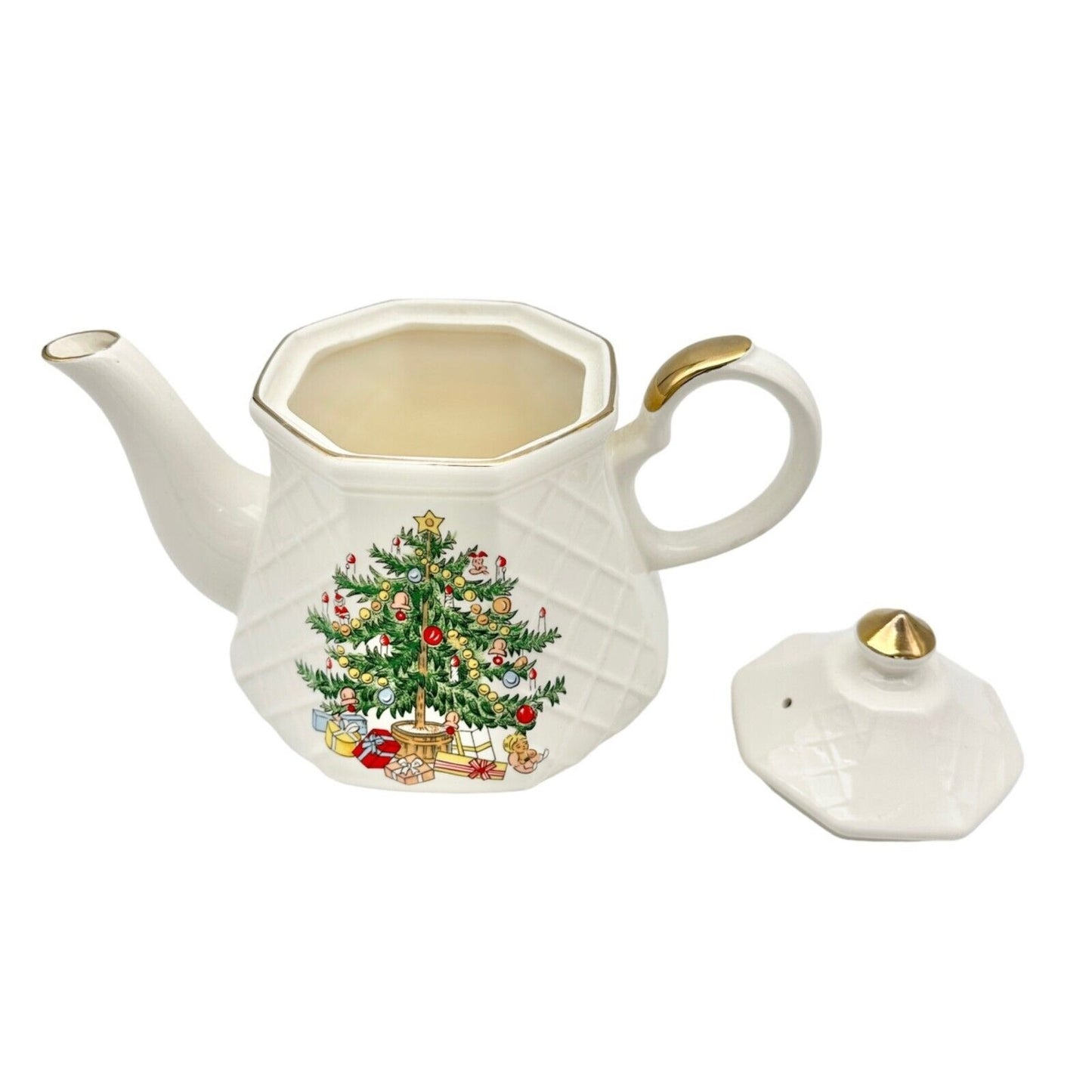 Christmas Tea Pot 6 inch Cream Gold Trim Tree Presents (small chip on spout)