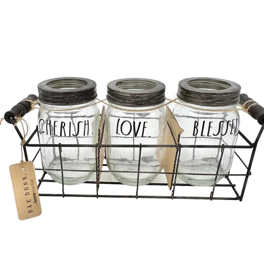 Rae Dunn Home Essentials 3 Glass Jars in Wire Basket Set CHERISH LOVE BLESSED
