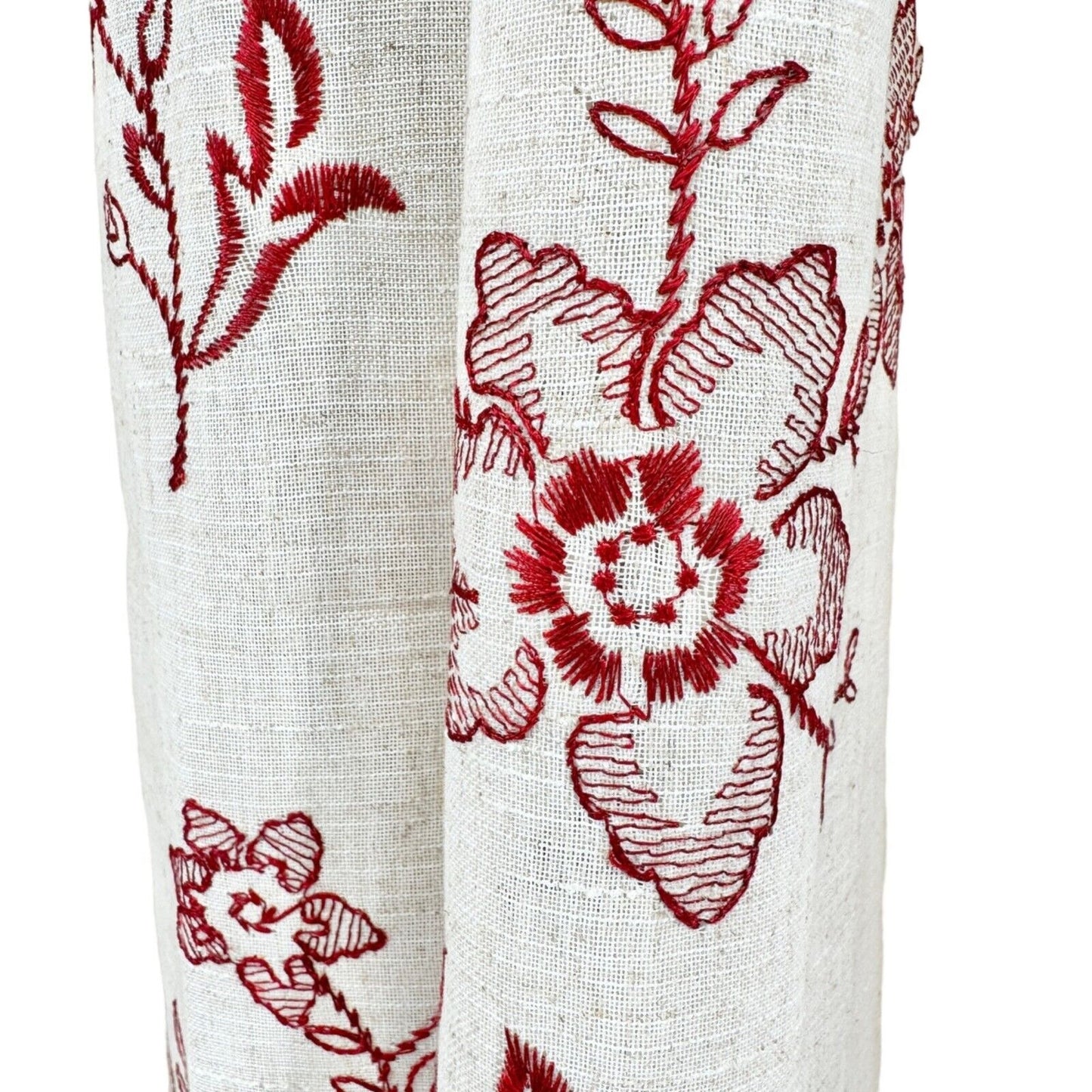 Pair of Curtain Panels 86 x 53 each Linen Red Stitched Flowers Grommets