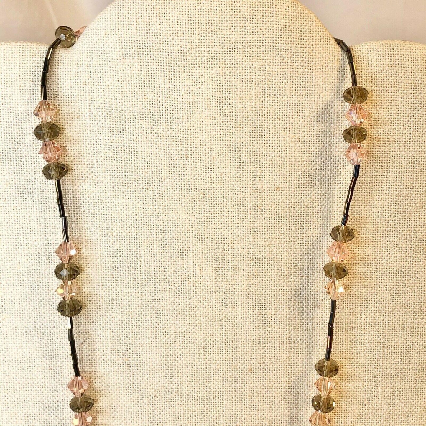 Handcrafted Beaded Necklace Brown & Pink Crystal Beads Simple Long Jewelry NEW