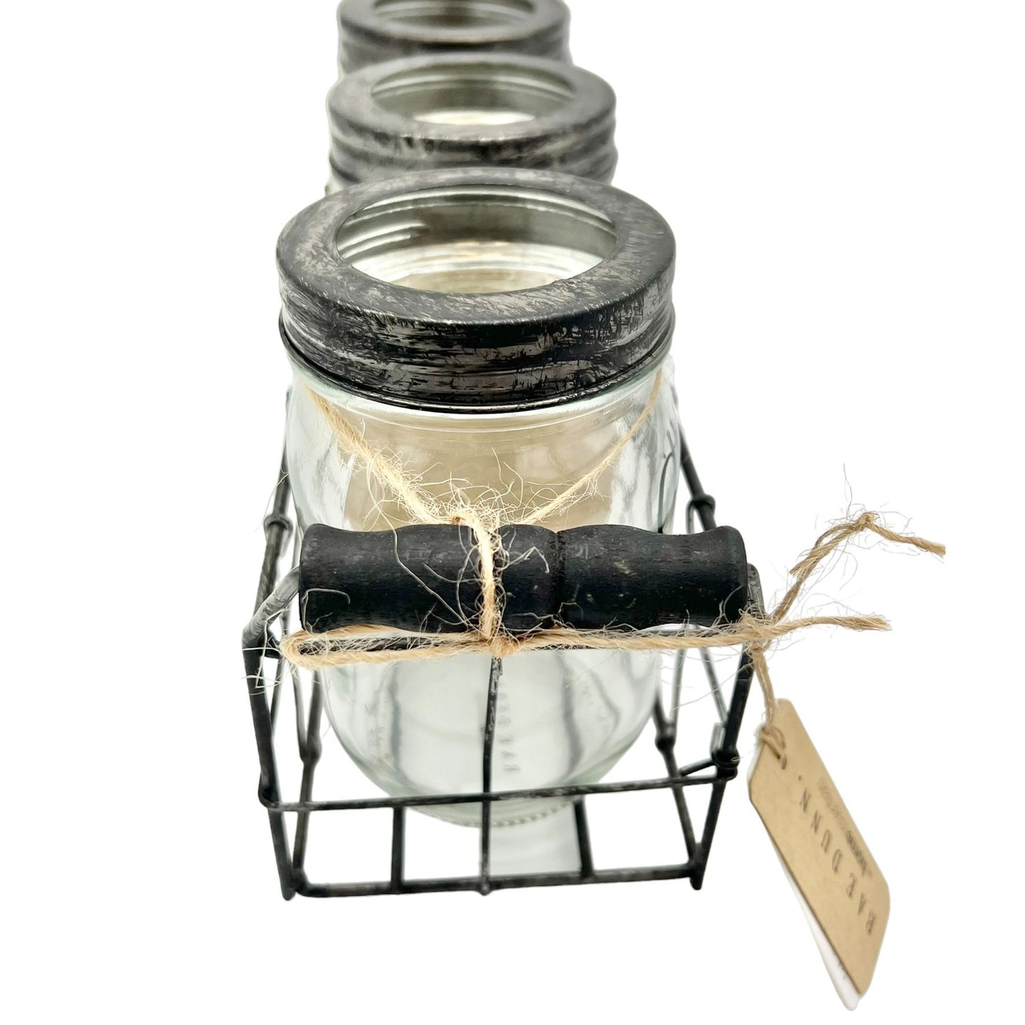 Rae Dunn Home Essentials 3 Glass Jars in Wire Basket Set CHERISH LOVE BLESSED