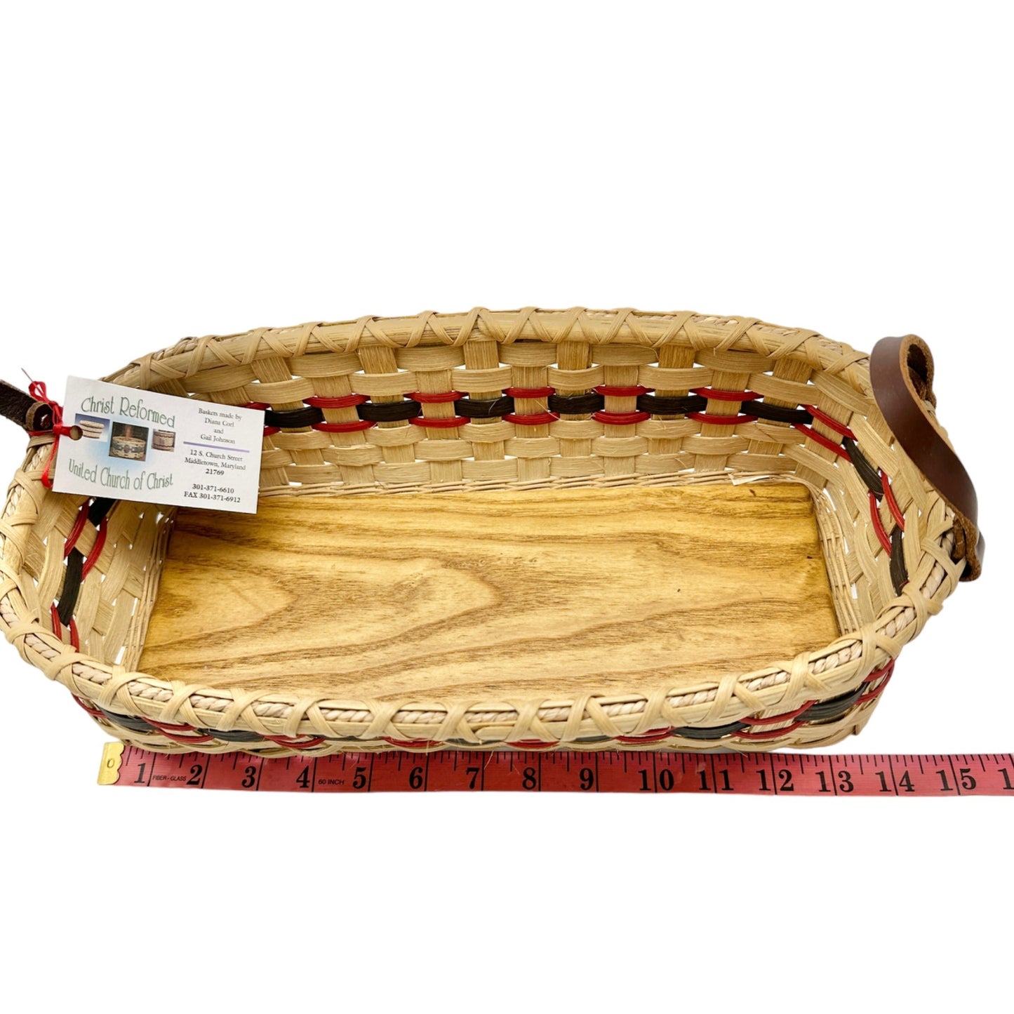 Handmade Basket Bread Basket Red and Green Accent Leather Handles Wood Base