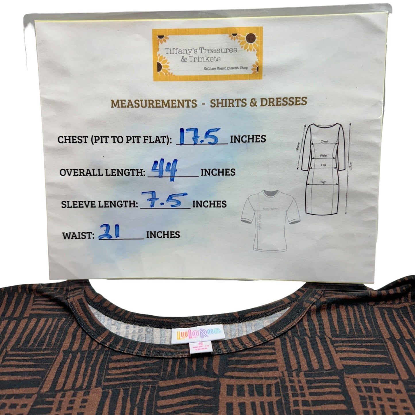 LuLaRoe Retired Carly Dress S Black Brown Print SS Hi-Low Hem NWT