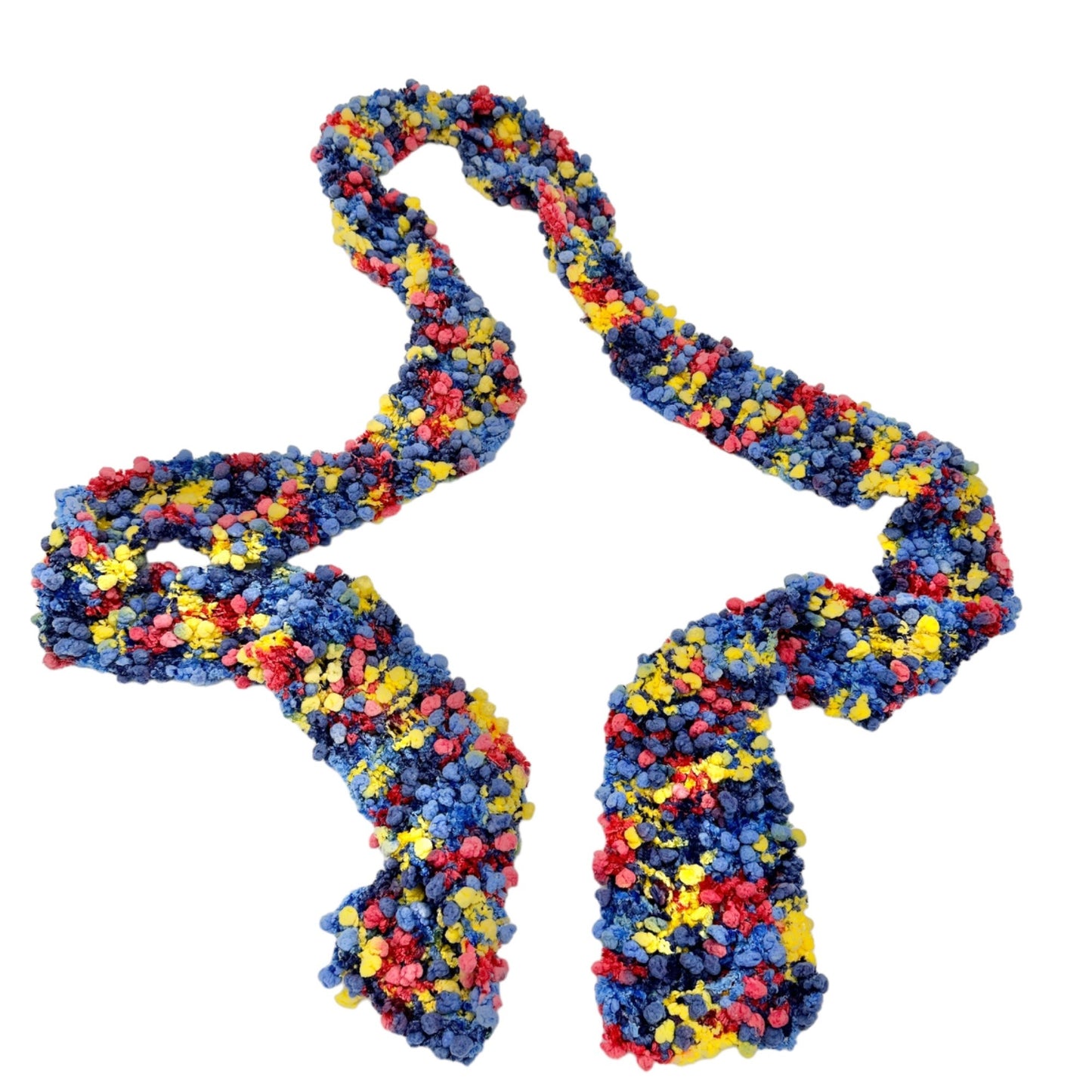 Handmade Knit Scarf Multicolor Knobby Pom Pom Yarn 90x4