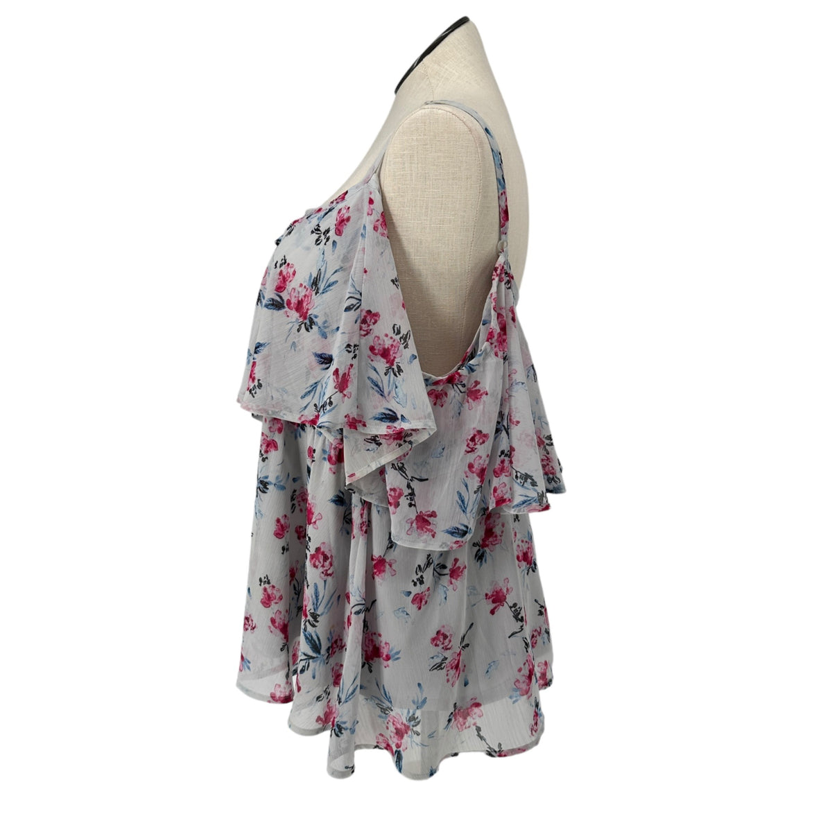 Torrid Top Womens 3X Sleeveless Layered Blouse Floral Print Pink Blue on White