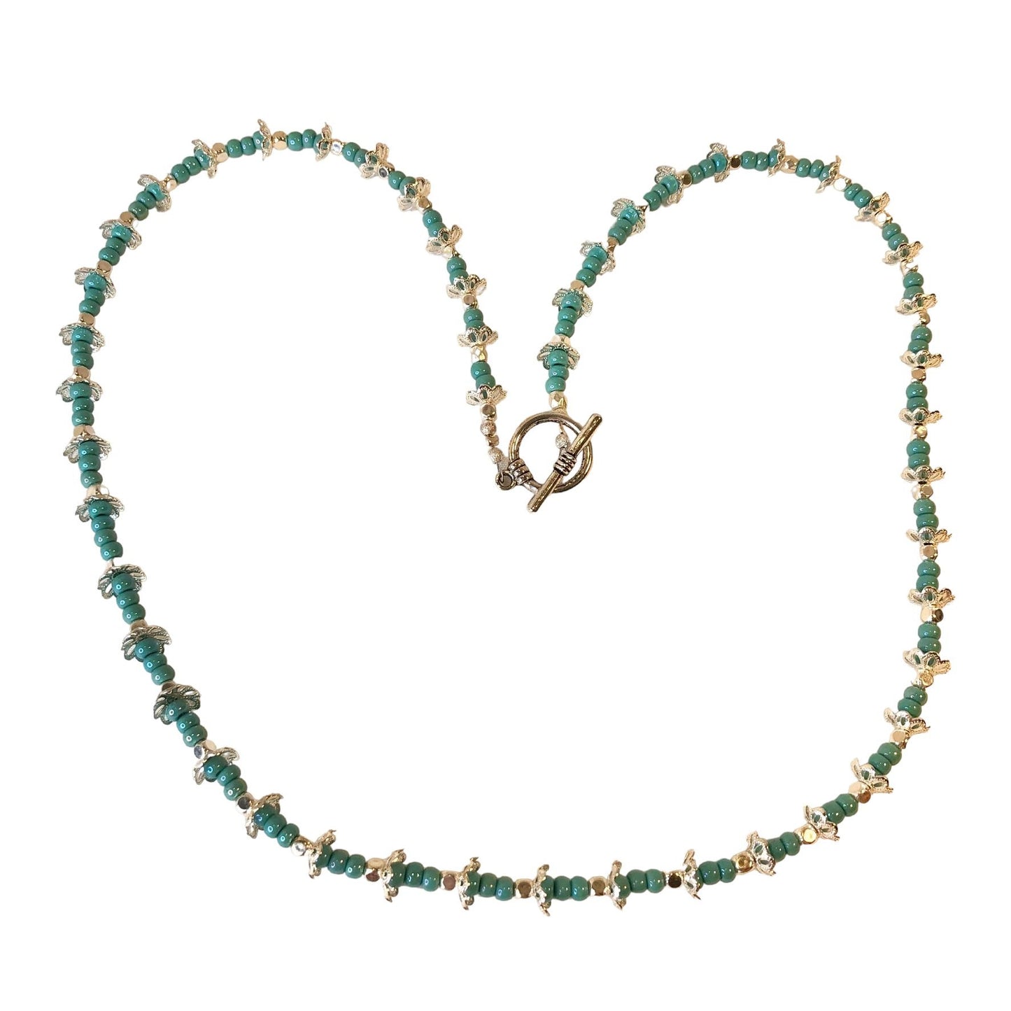 Handcrafted Bead Necklace Teal & Silver Beads Simple Classic Long Beautiful NEW